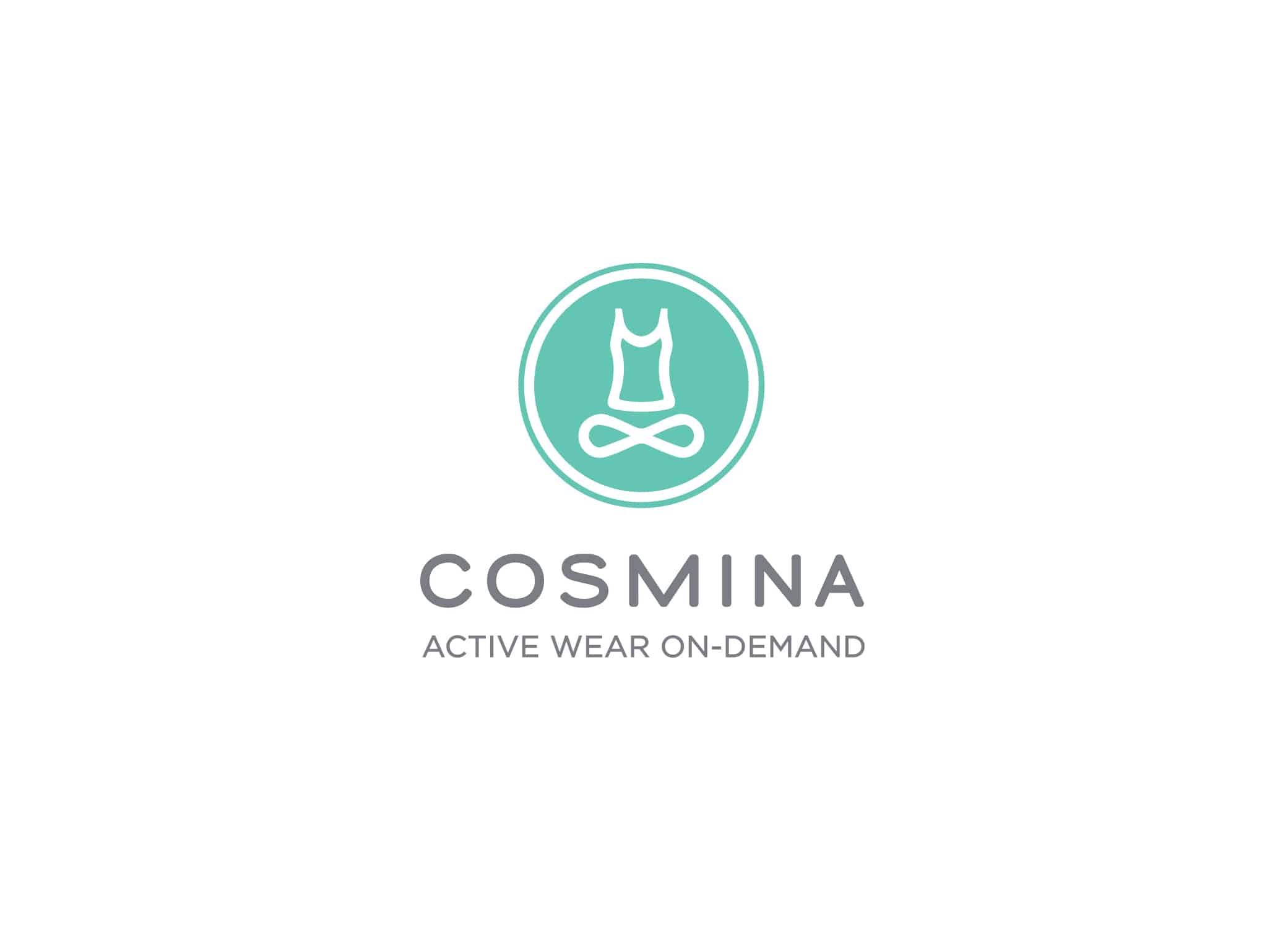 Cosmina client logo design with blue yoga lotus position element inside a circle above grey typography design.