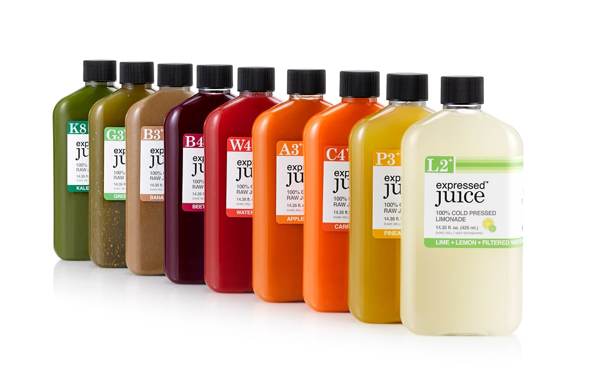 Expressed Juice bottle packaging design showcasing different flavors lined up in a diagonal row.