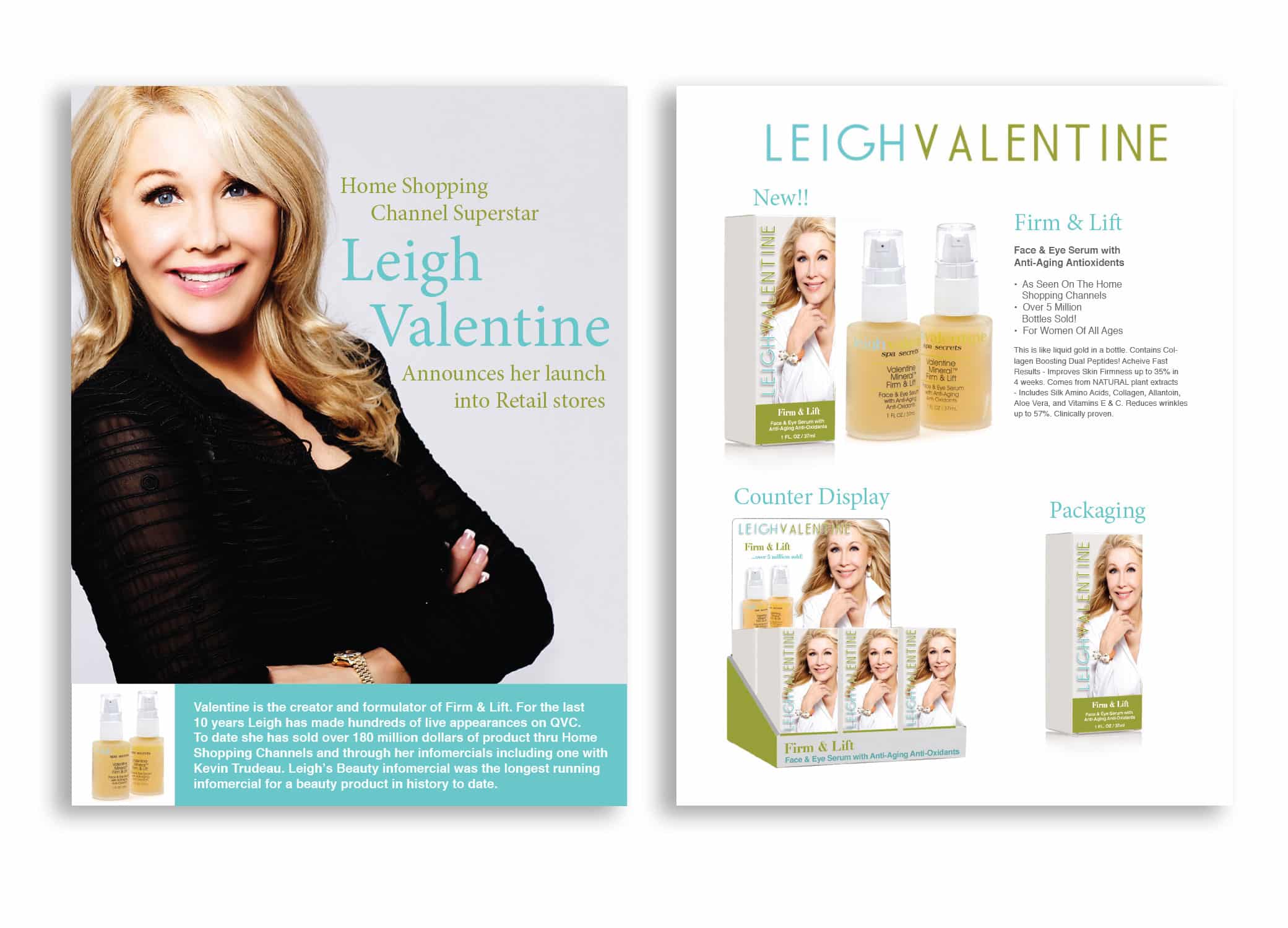 Graphic design for Miami company, Leigh Valentine, showcasing their brochure including images of counter display, packaging, and skincare.