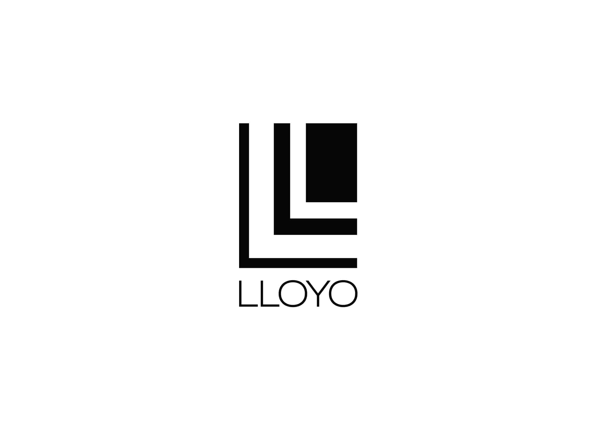 Lloyo black and white logo design with a double “L" pattern above svelte san serif font.