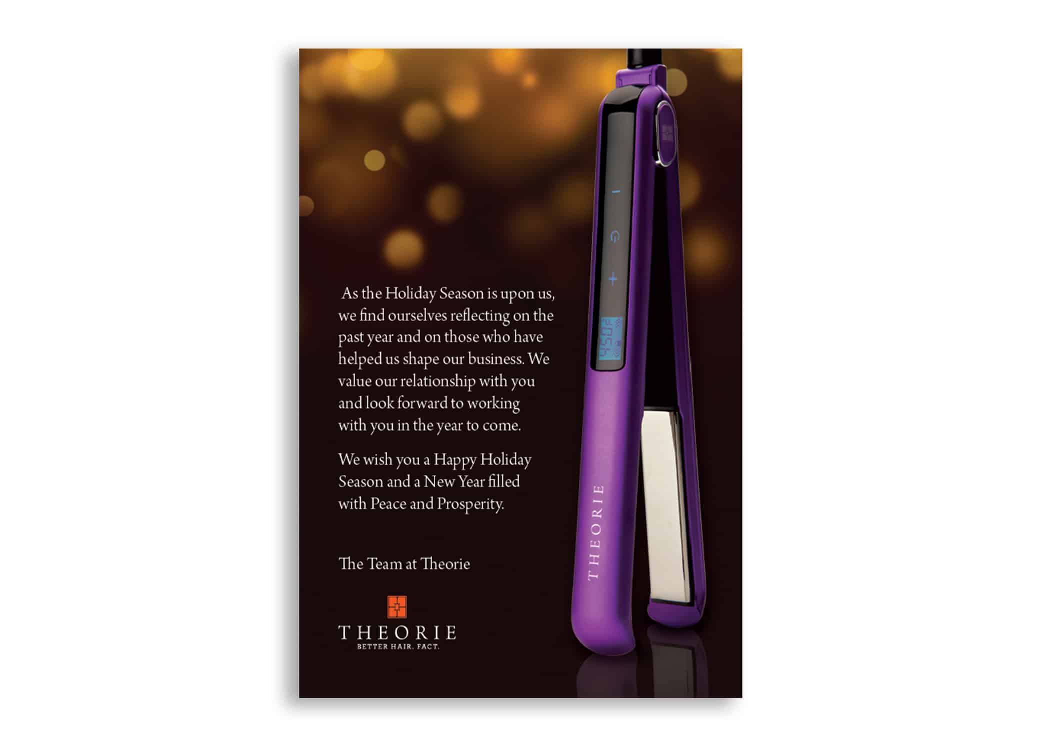 Theorie Save the Date postcard design for sneak preview event showing purple flat iron with chocolate brown case.