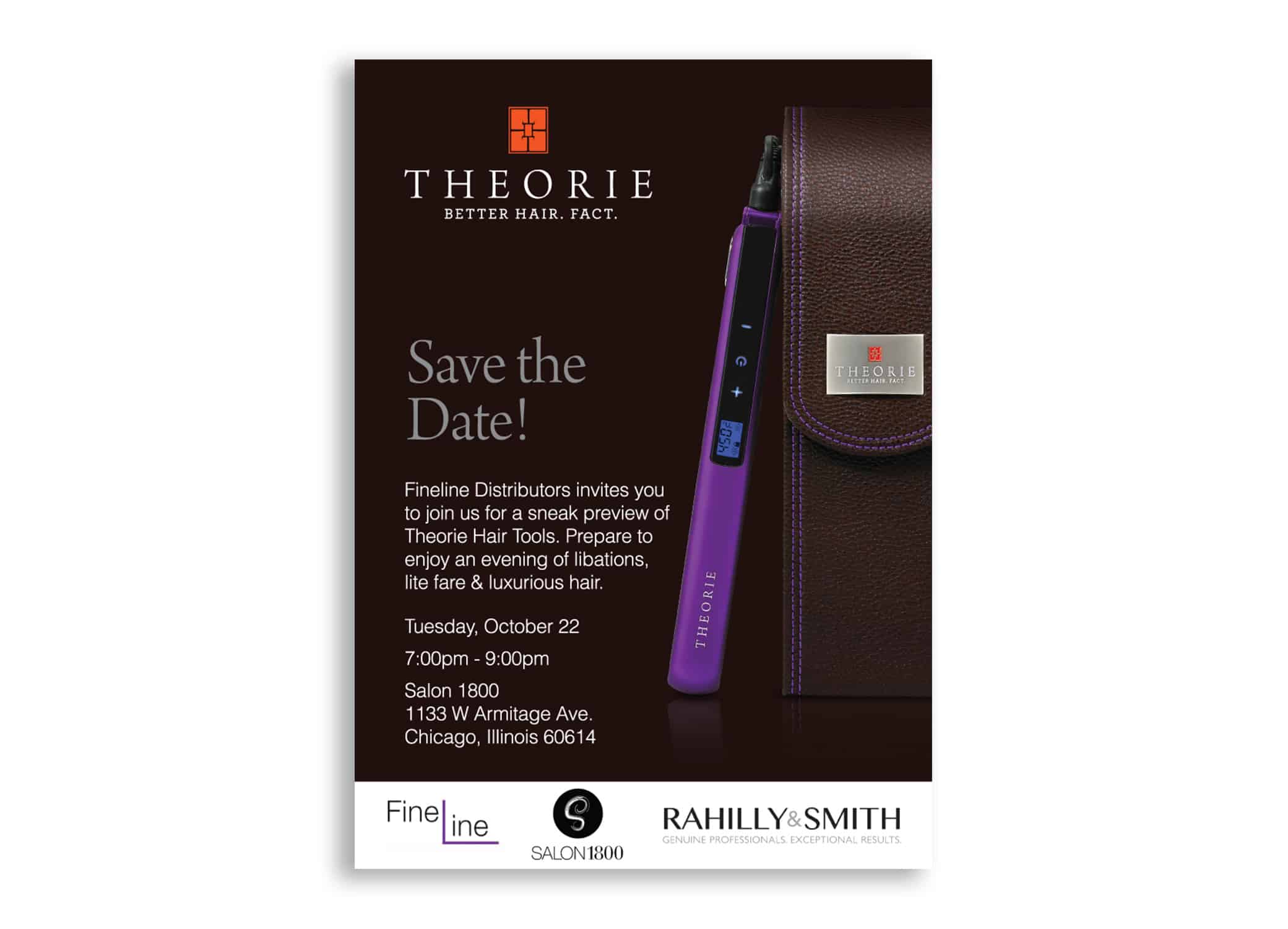 Theorie Save the Date postcard design for sneak preview event showing purple flat iron with chocolate brown case.