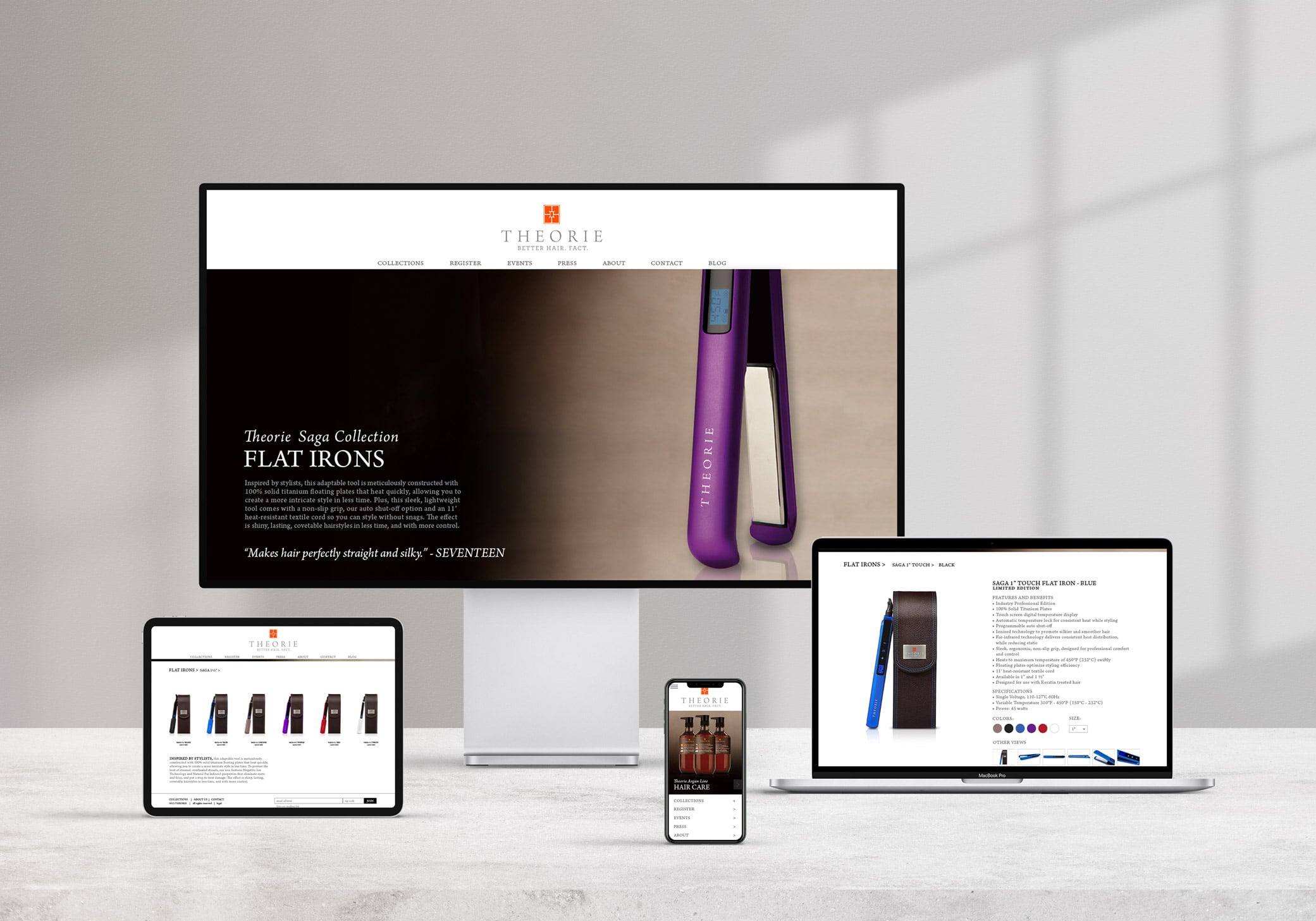 Theorie high-end website design with light backgrounds to make hair tools pop and enhanced e-commerce features.