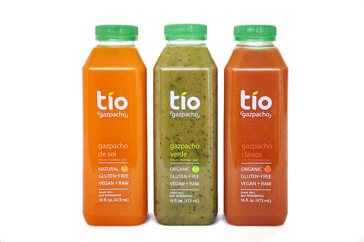 Tio Gazpacho food package design with product in clear bottles, logo, and ingredients on front.