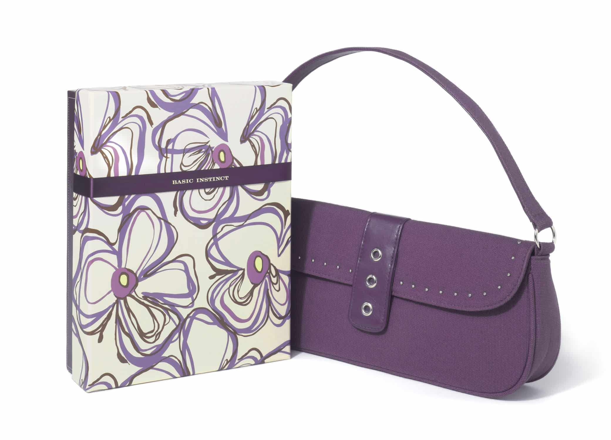 Unique gift boxes packaging design for Victoria's Secret Basic Instinct with dark purple handbag and floral box.