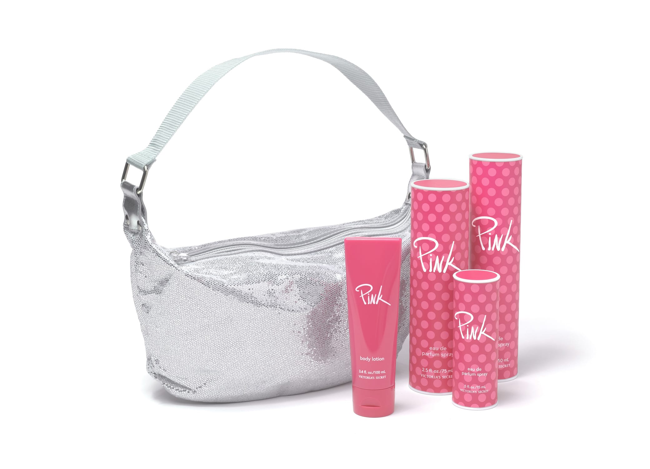 Victoria's Secret Pink perfume packaging design showcasing signature pink fragrance bottles with polka dots and silver handbag.