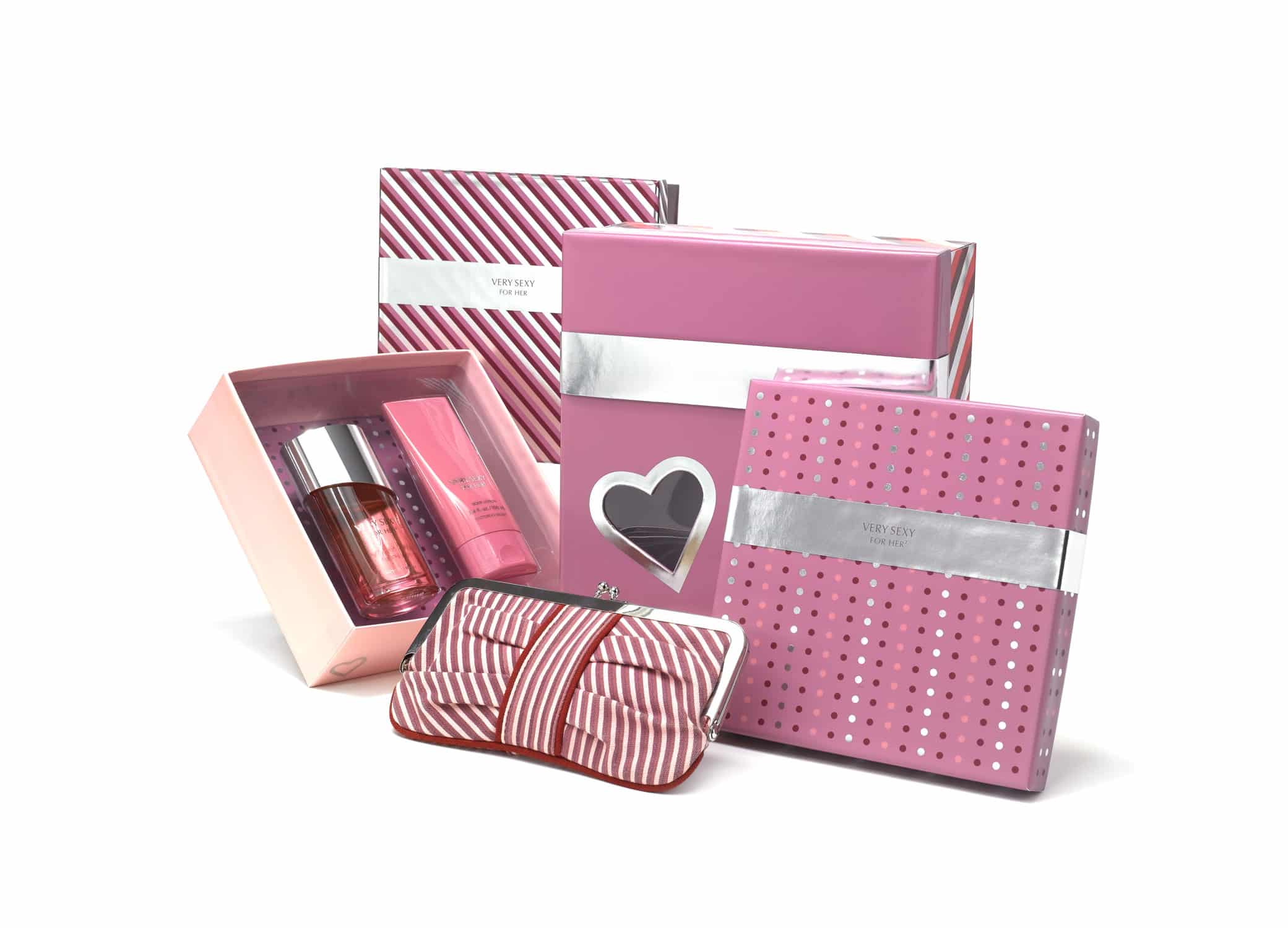 Cosmetic packaging design for Victoria's Secret Very Sexy For Her in pink, silver, red, with polka dots, diagonal stripes, and heart icons.