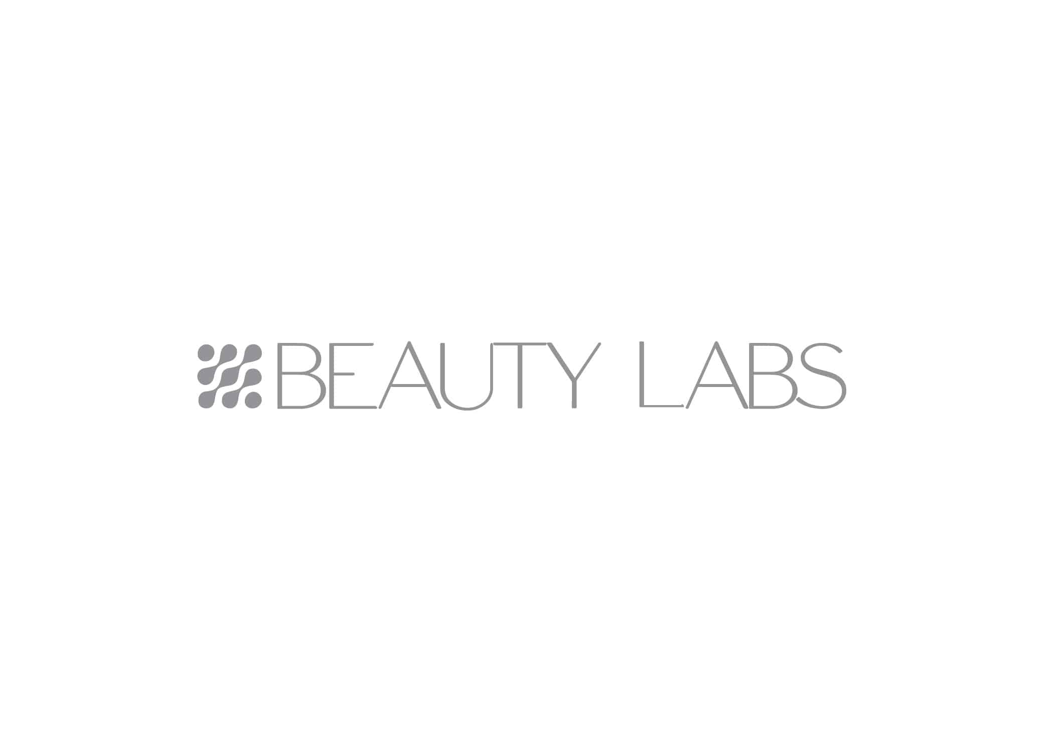 Beauty Labs logo design with high-tech, grey font and hand-drawn geometric molecule structure icon.