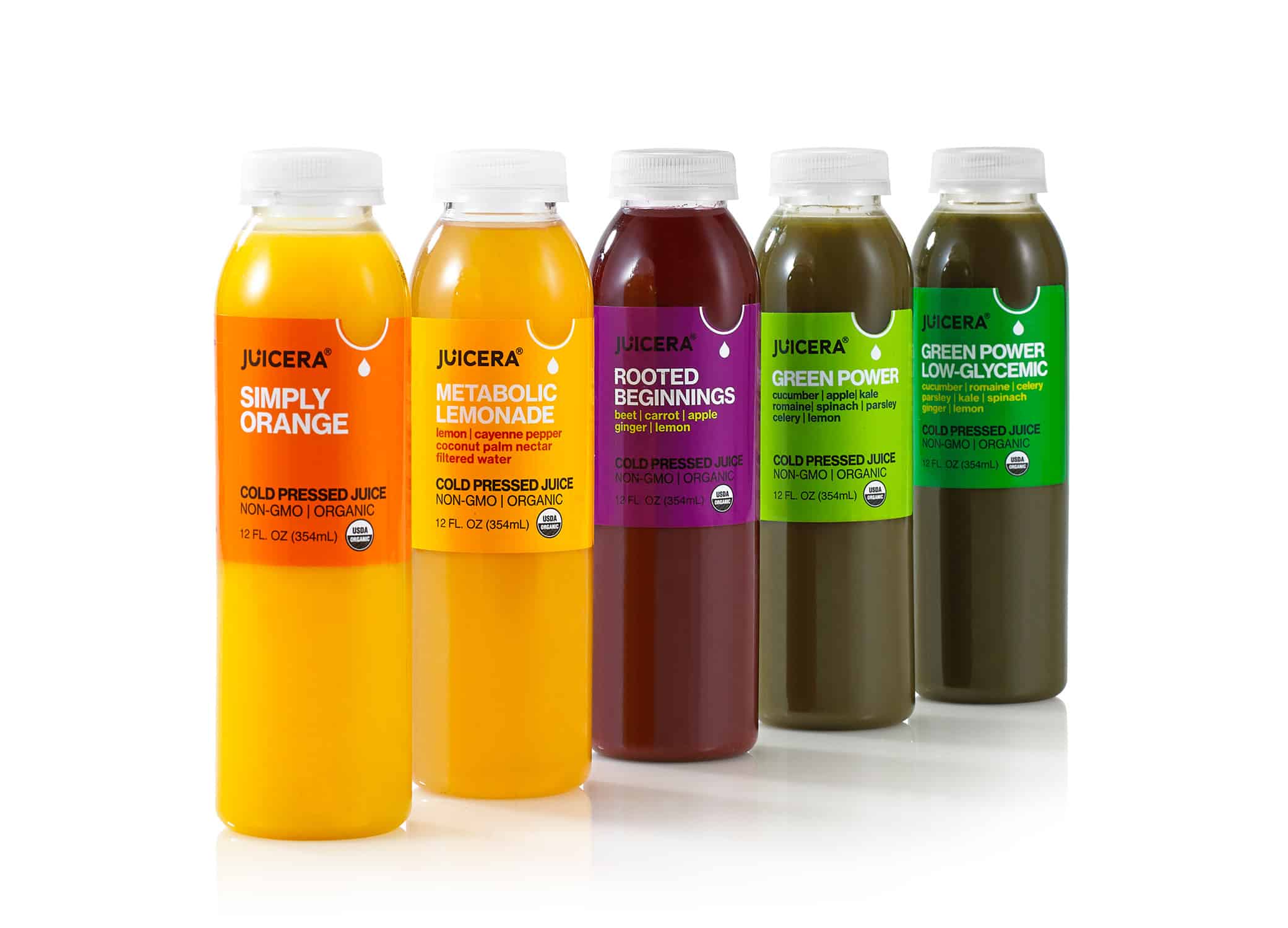 Juicera food package design showing 5 different flavors in an angled row with bottle labels in yellow, purple, and green.