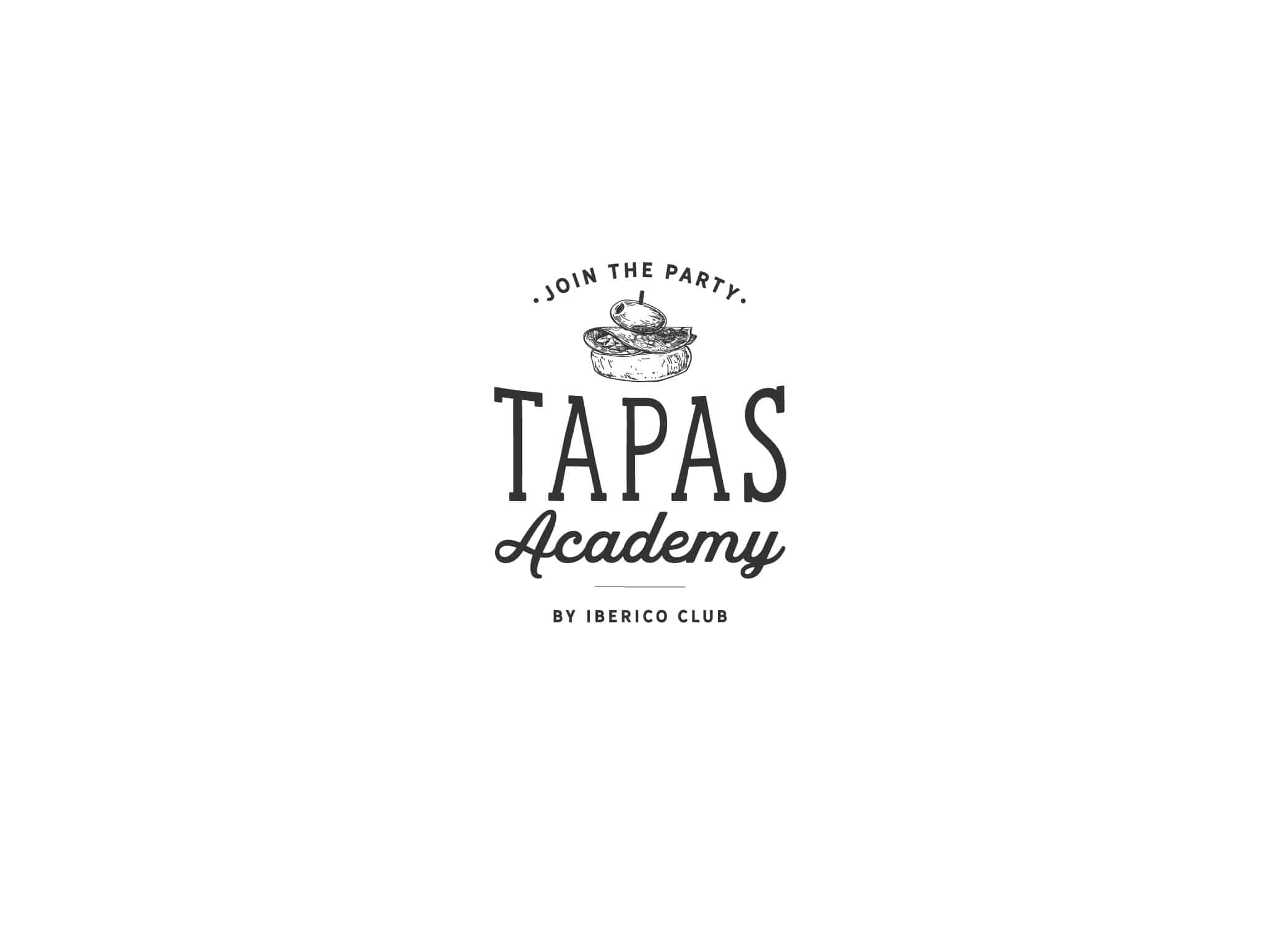 Iberico Club Tapas Academy logo design with a food image above the type along with the tagline ‘join the party.’ 