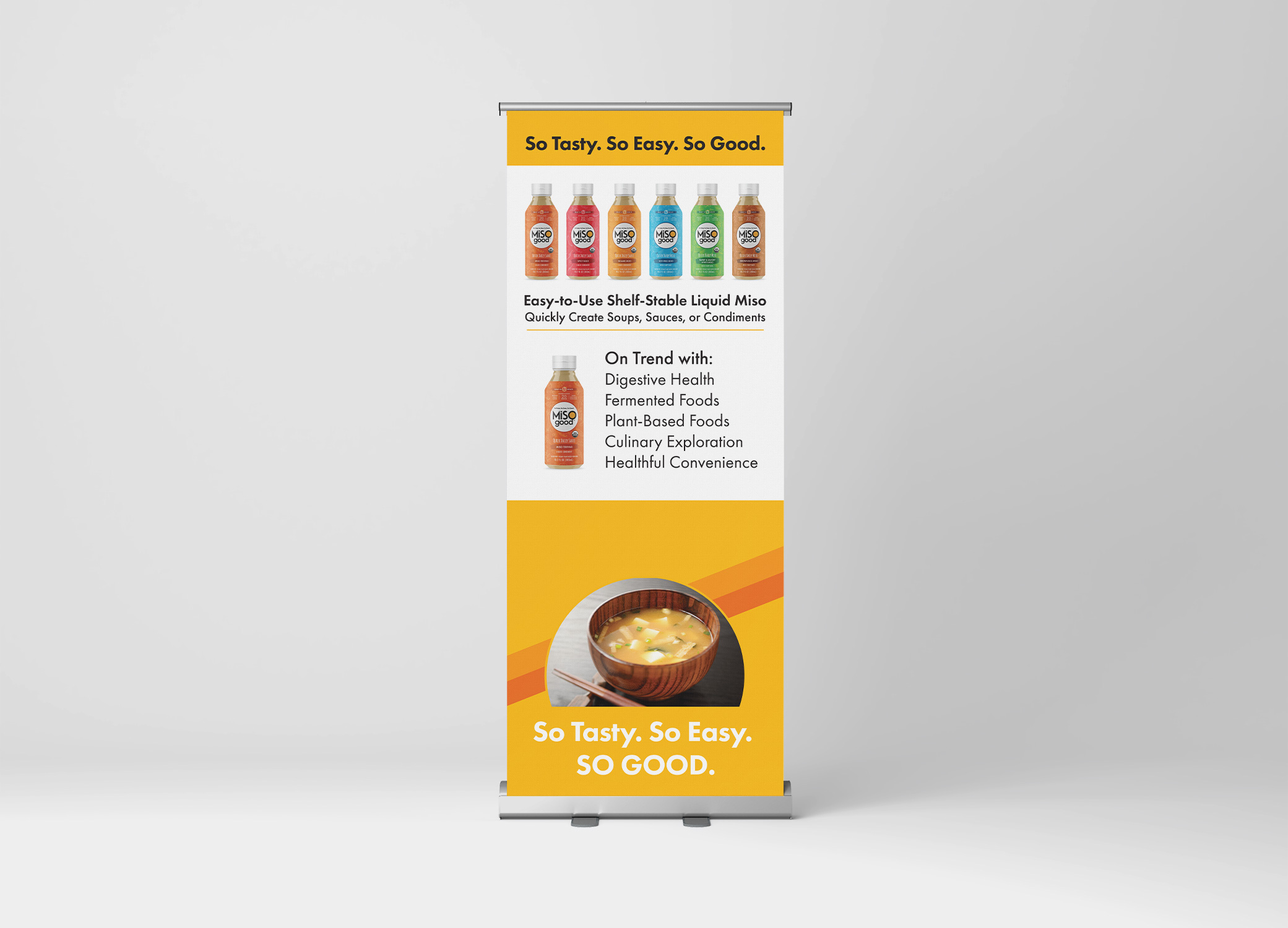 MiSOgood colorful banner design showing graphic design for food packaging and selling points of the product.