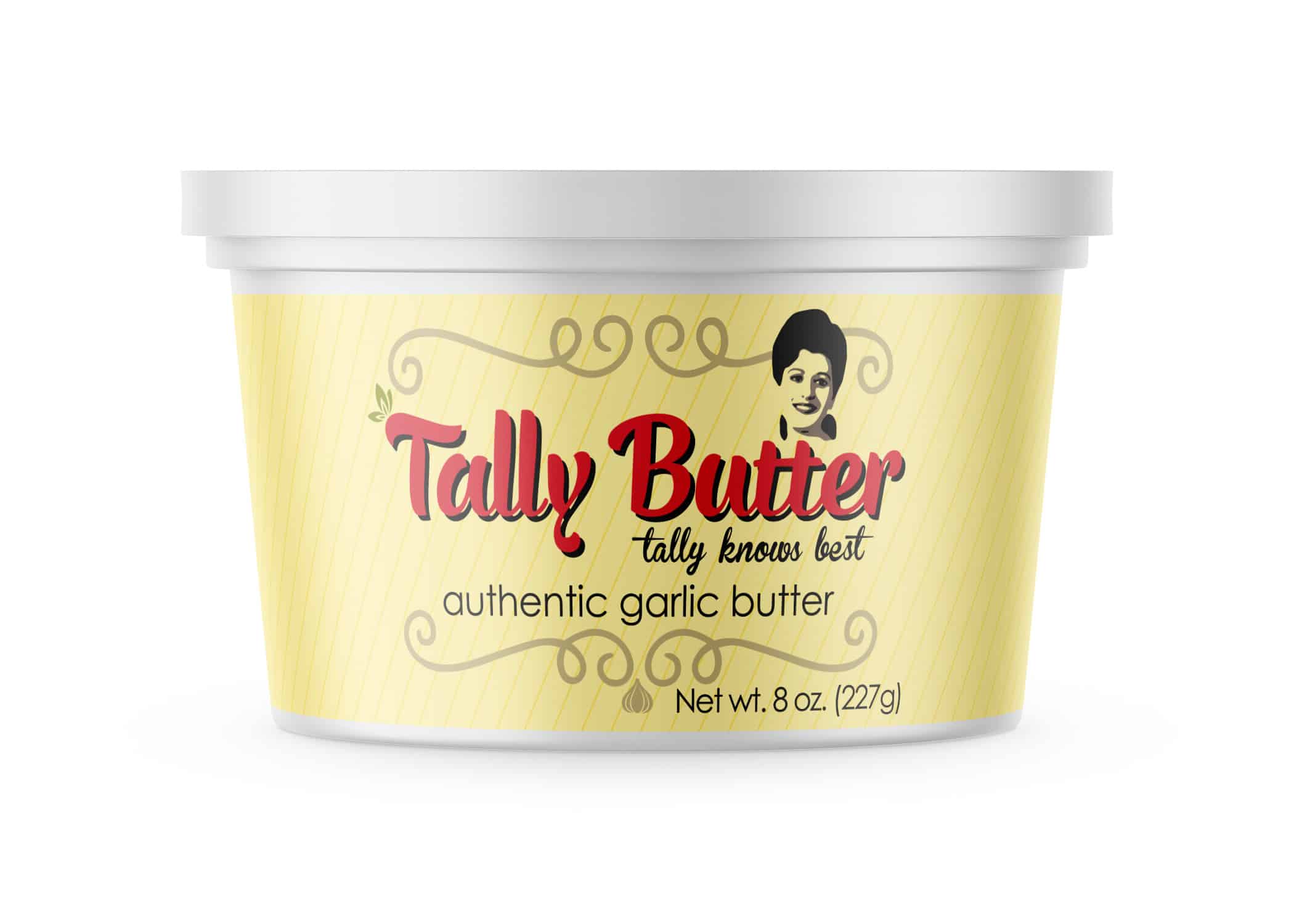 Tally Butter vintage-inspired packaging with logo over soft yellow canister and swirls and garlic clove design elements.