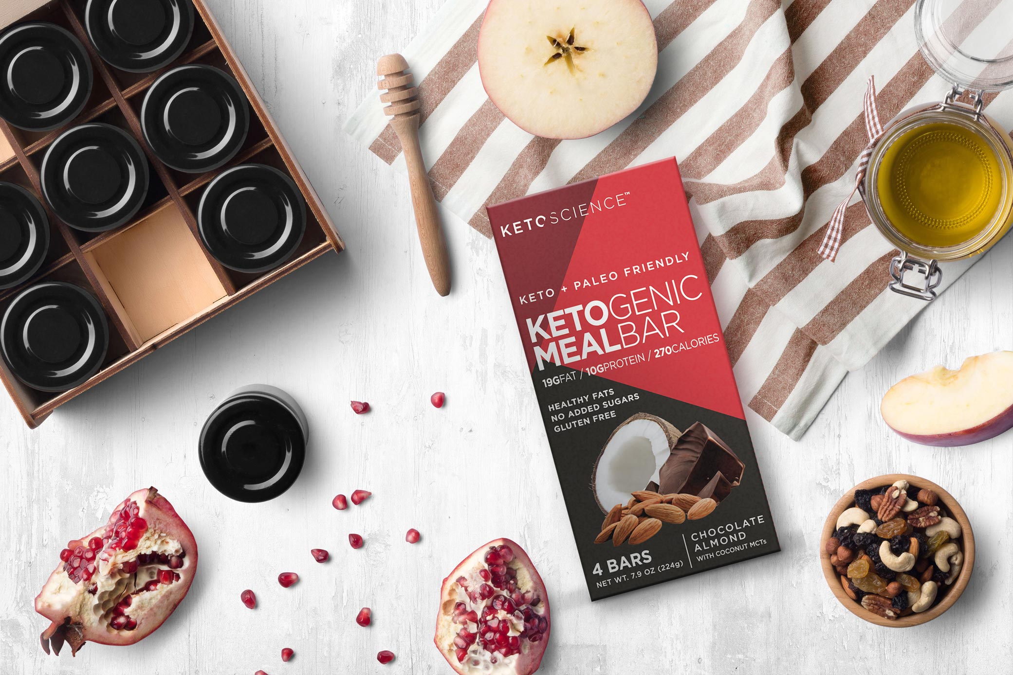 Keto Science packaging design for a keto chocolate bar incorporating geometric shapes, lines and vibrant colors.