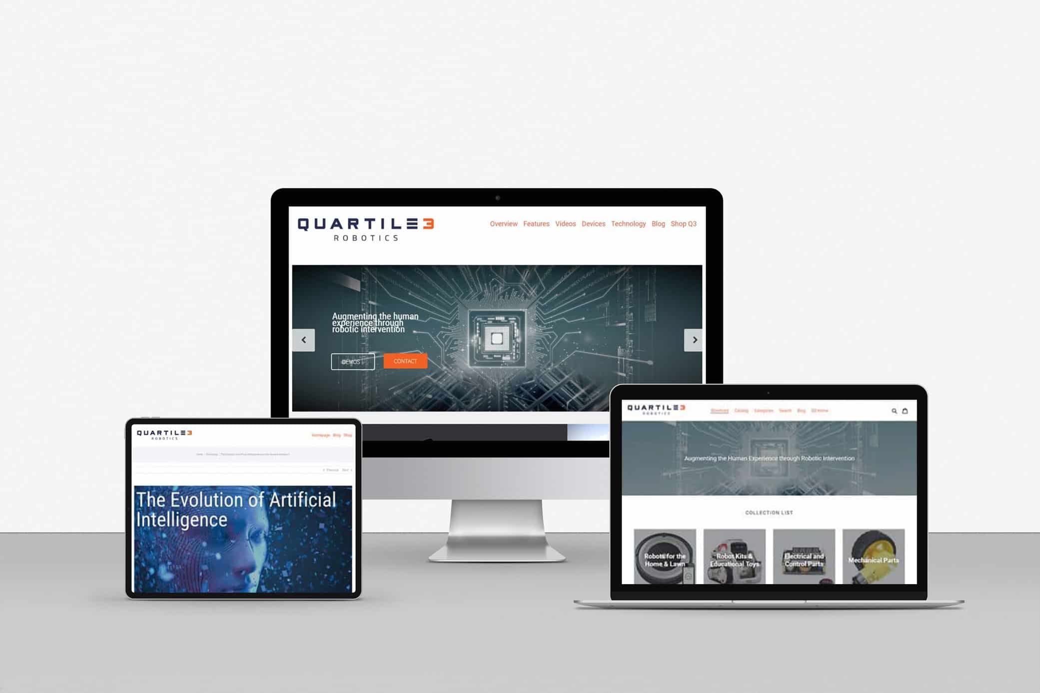 Quartile 3 Robotics technology company web design aligning with the tech-focus of the brand, incorporating images of circuits, droids, and computers.