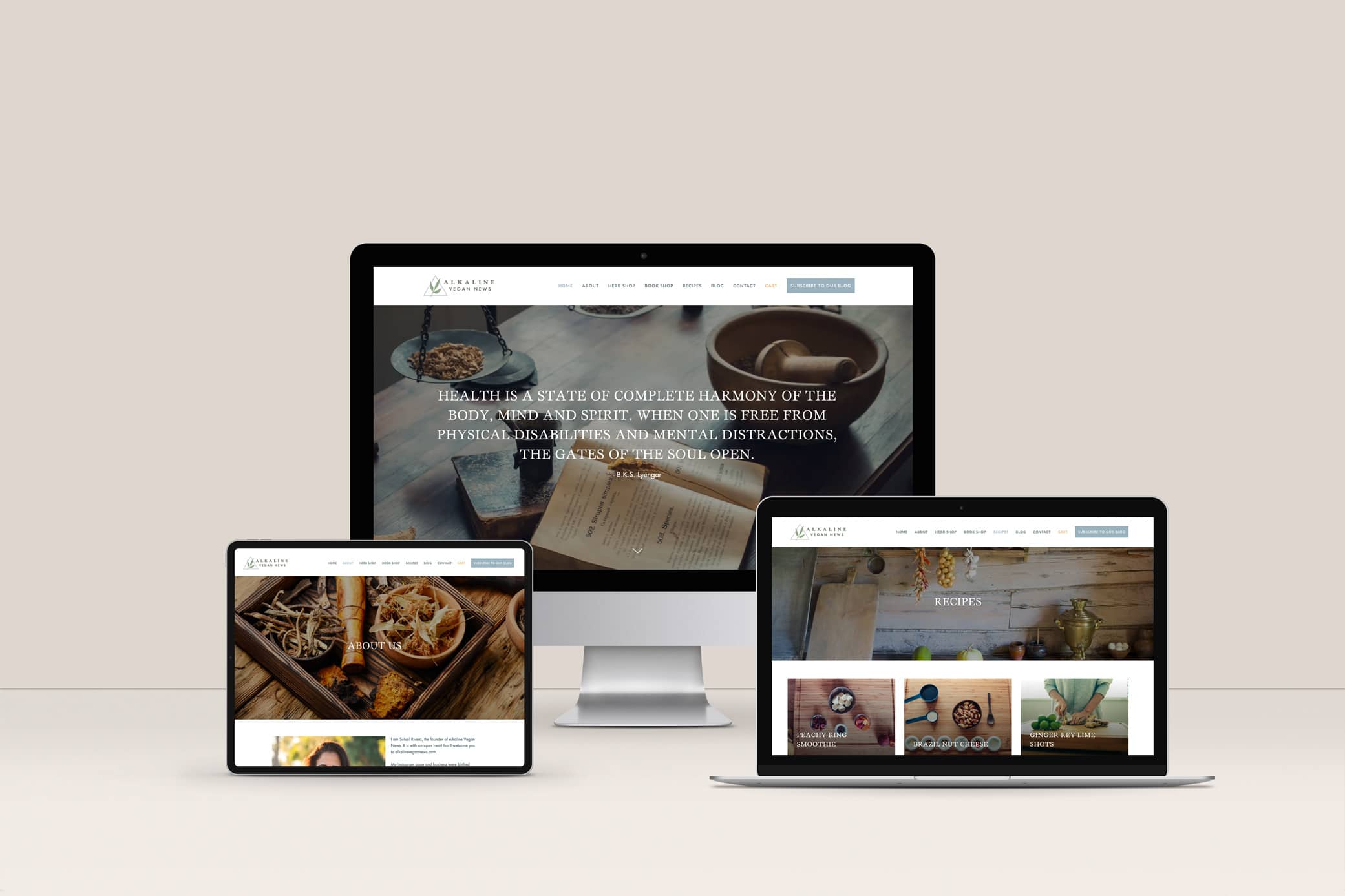 Alkaline Vegan News website homepage design with apothecary images in muted tones of sage green, gray, and black.