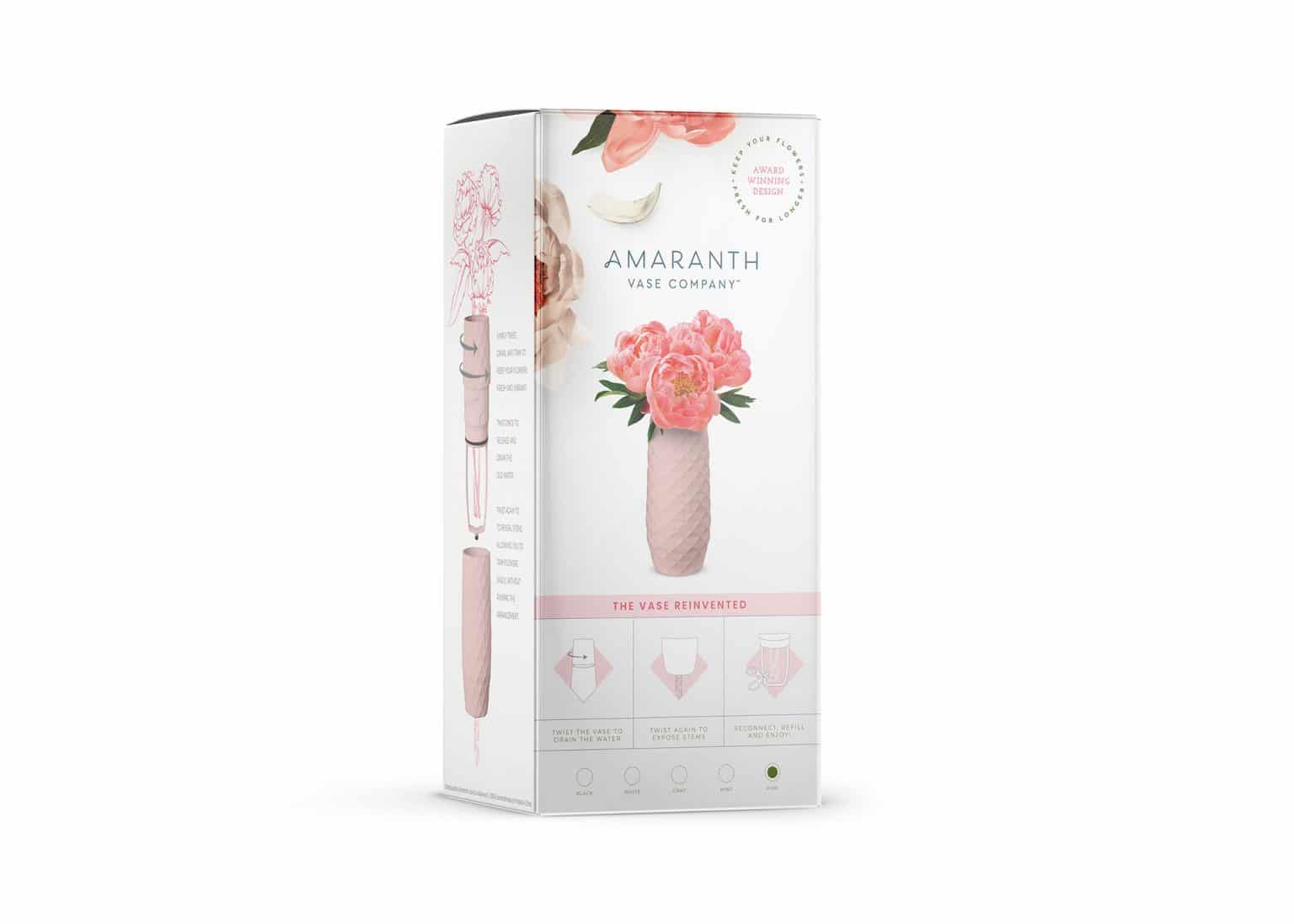 Amaranth Vase new retail packaging design box showing pink vase and easy to use instructions.