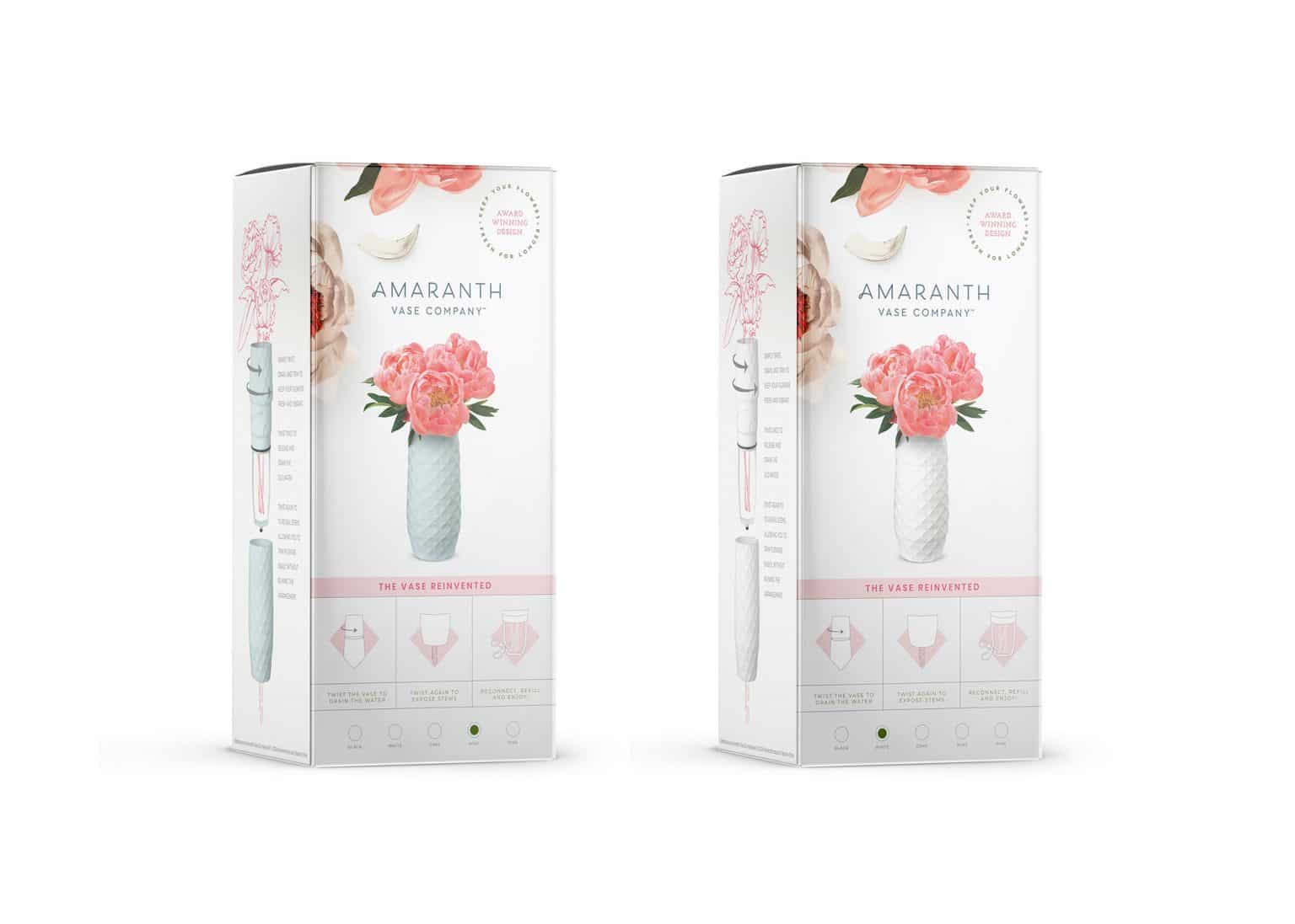 Amaranth Vase new retail packaging design box showing pink vase and easy to use instructions.