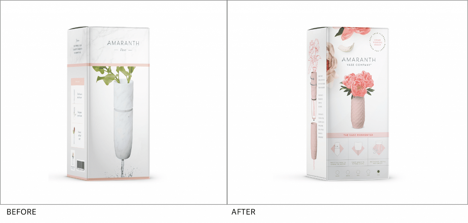 Amaranth Vase new retail packaging design box showing the before and after image redesign.