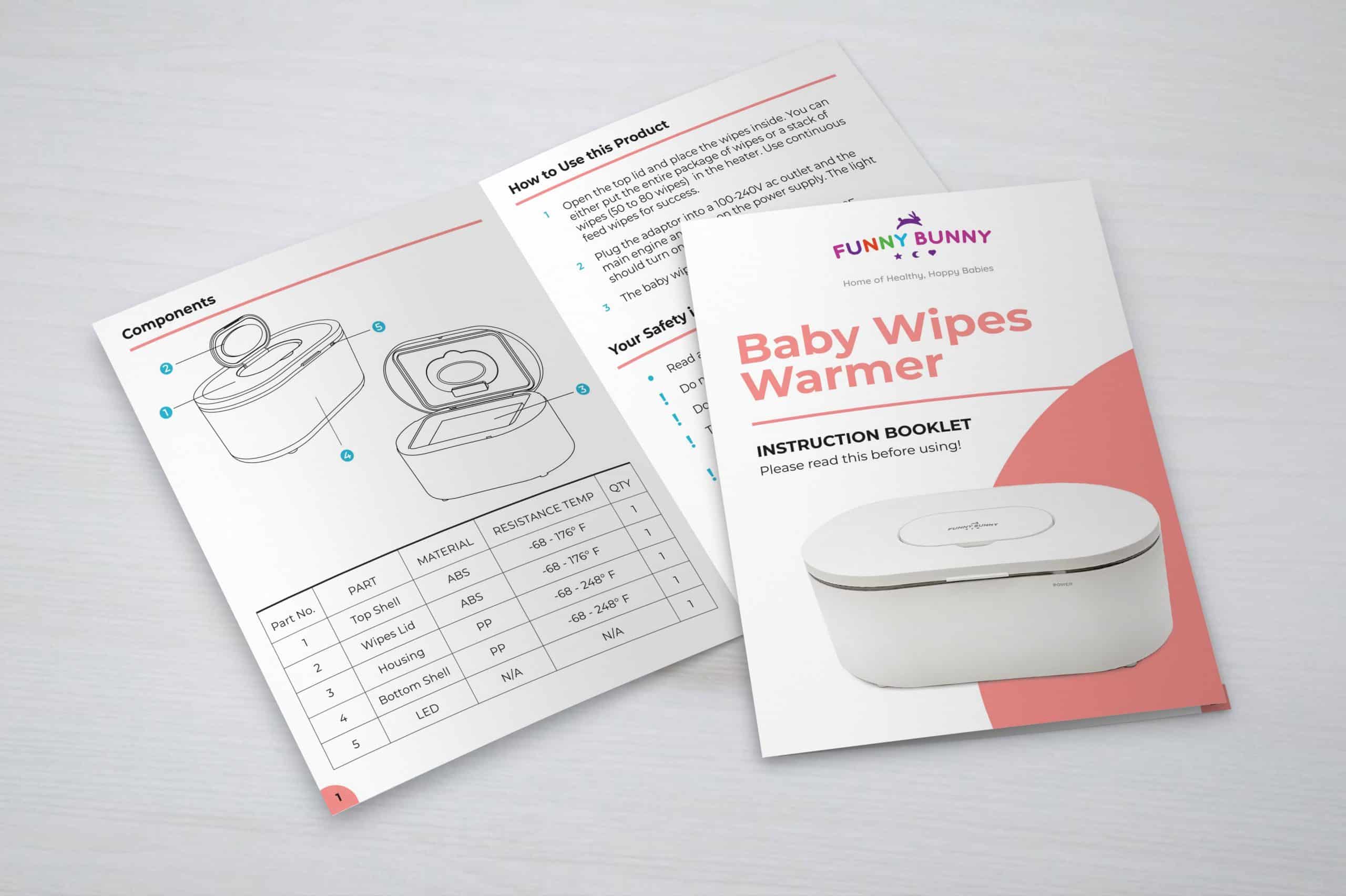 Baby wipes booklet design: Funny Bunny instruction booklet design demonstrating how to use the product in paper mockup.