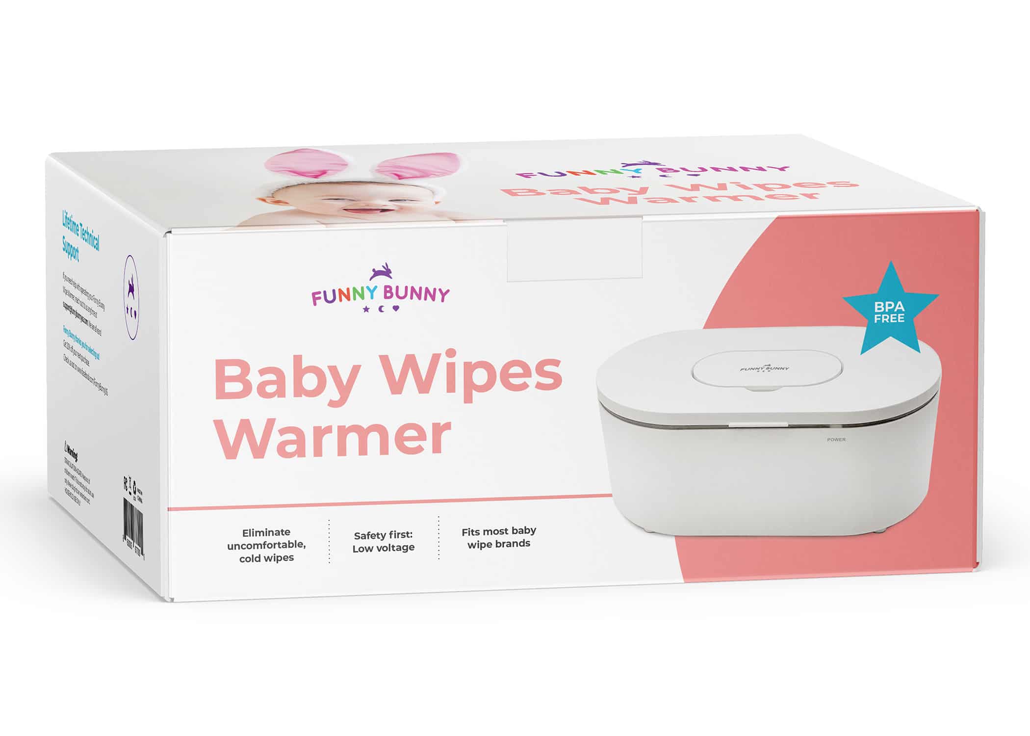 Baby wipes packaging design: Funny Bunny packaging design for baby wipes warmer with retro color palette, logo, and images on box.