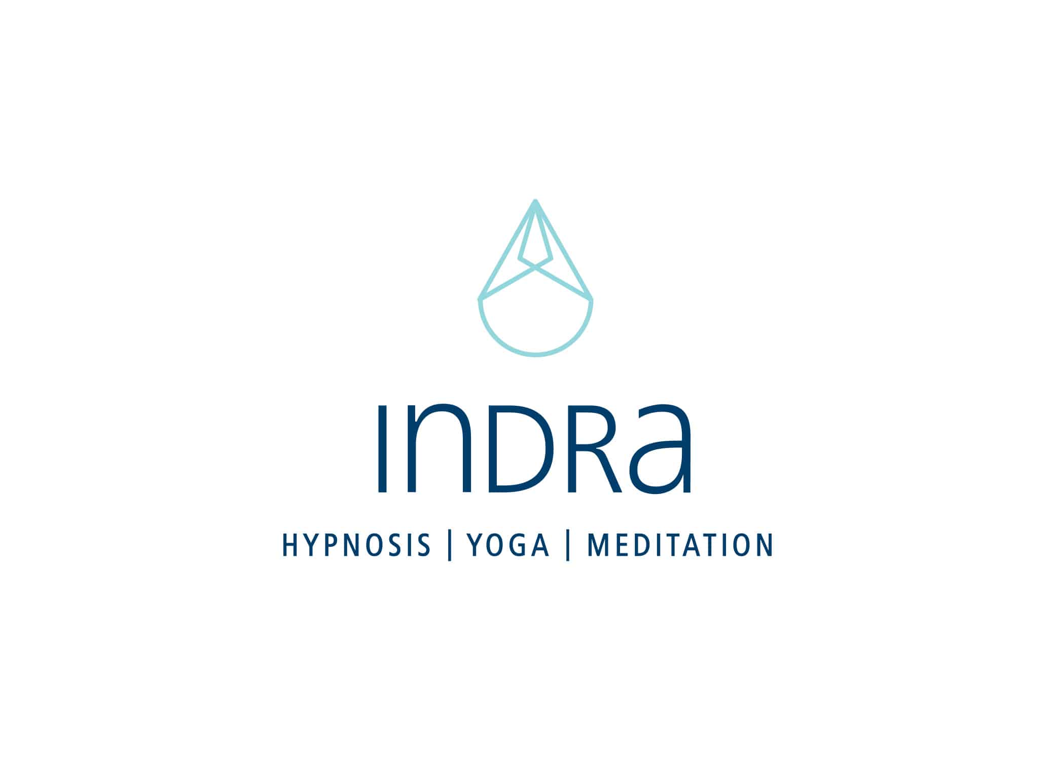 Indra logo design with combination of dark blue and light blue font and water droplet above type.