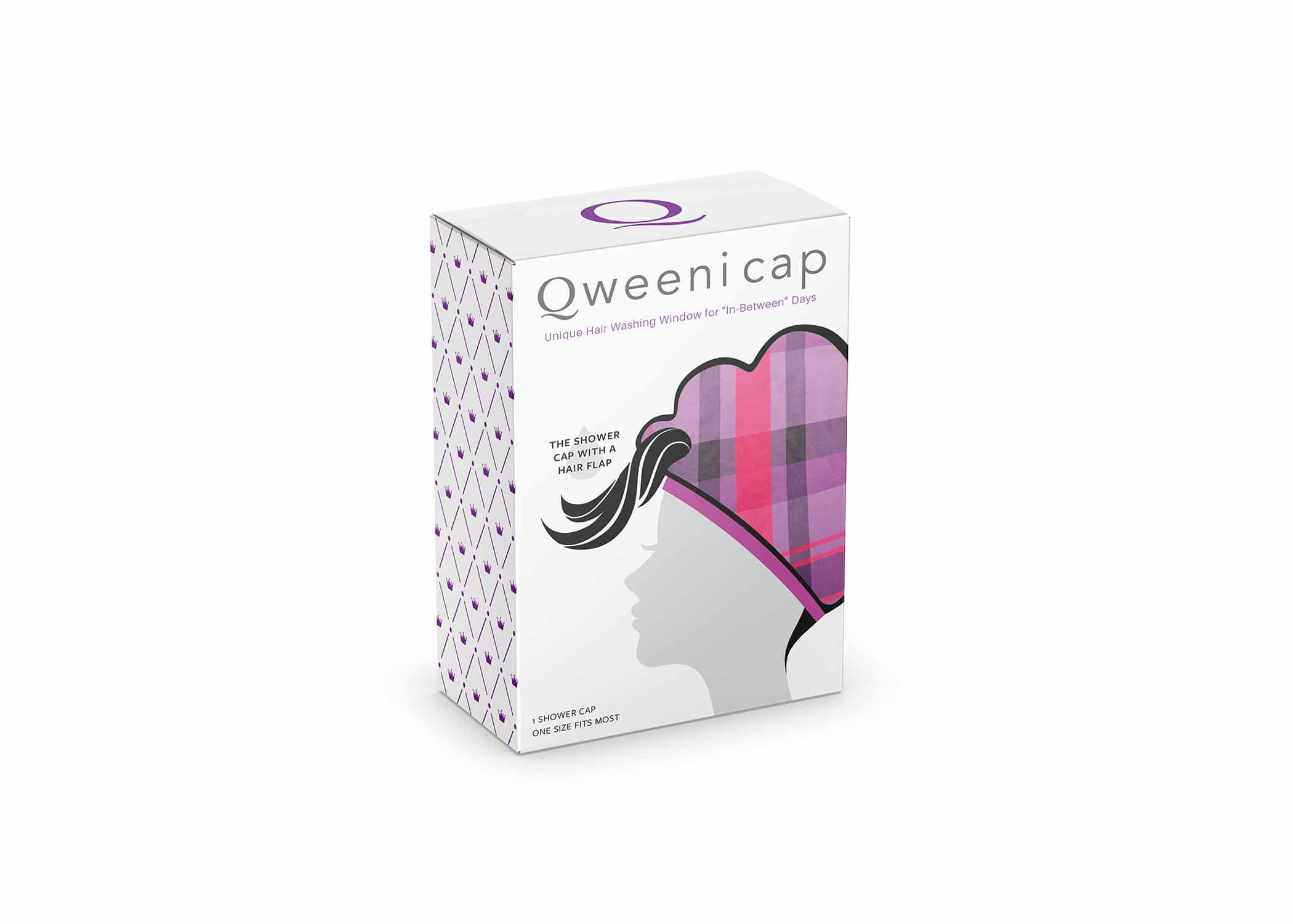 Qweeni Cap hair product packaging design with silhouette image of a woman wearing the cap, taglines, and logo on box.