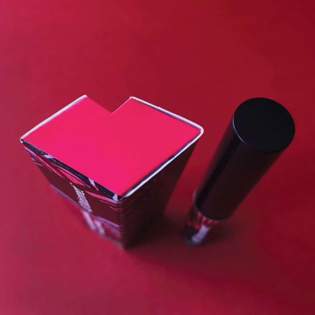 42 Dubonnet packaging and makeup brand identity detail showing top view of both lipstick and lips-shaped box components.