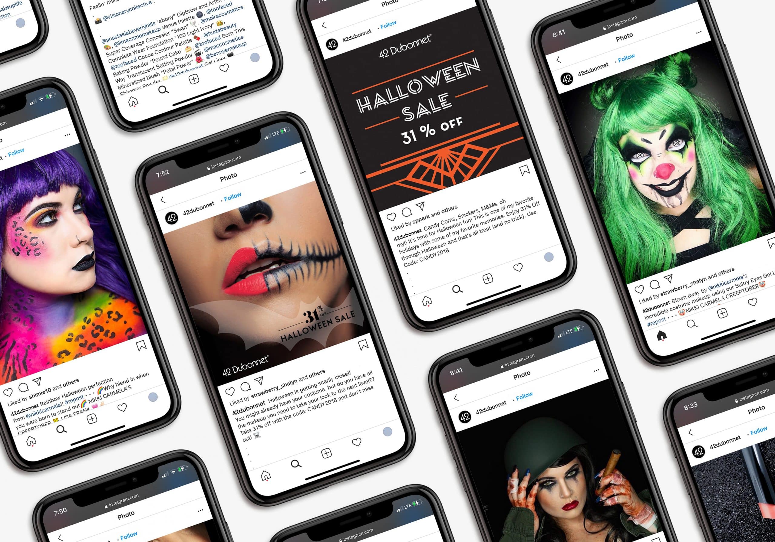 42 Dubonnet social media Halloween images shown on iPhones displayed in slanted rows against grey backdrop.