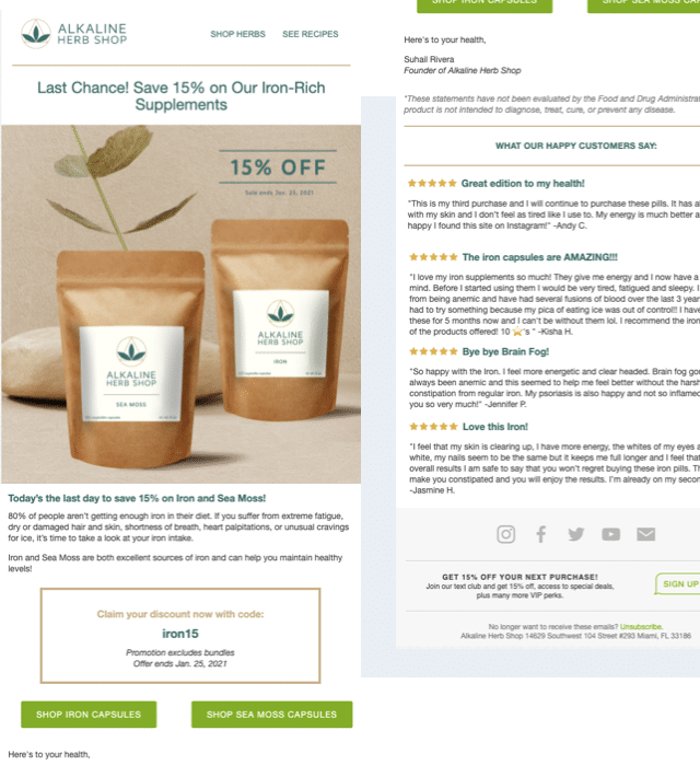 Alkaline Herb Shop email marketing campaign screenshot sharing important health tips and promoting Iron and Sea Moss.