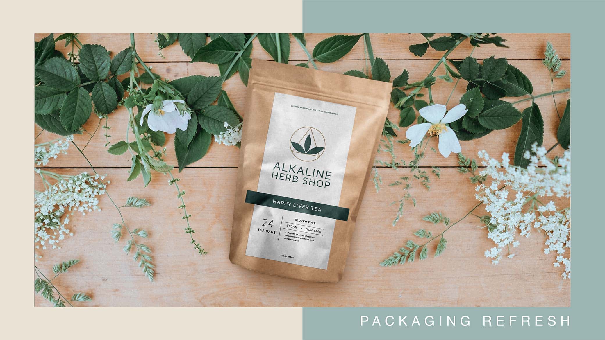 Alkaline Herb Shop supplement branding and package design for Happy Liver Tea with accent leaves and flowers.