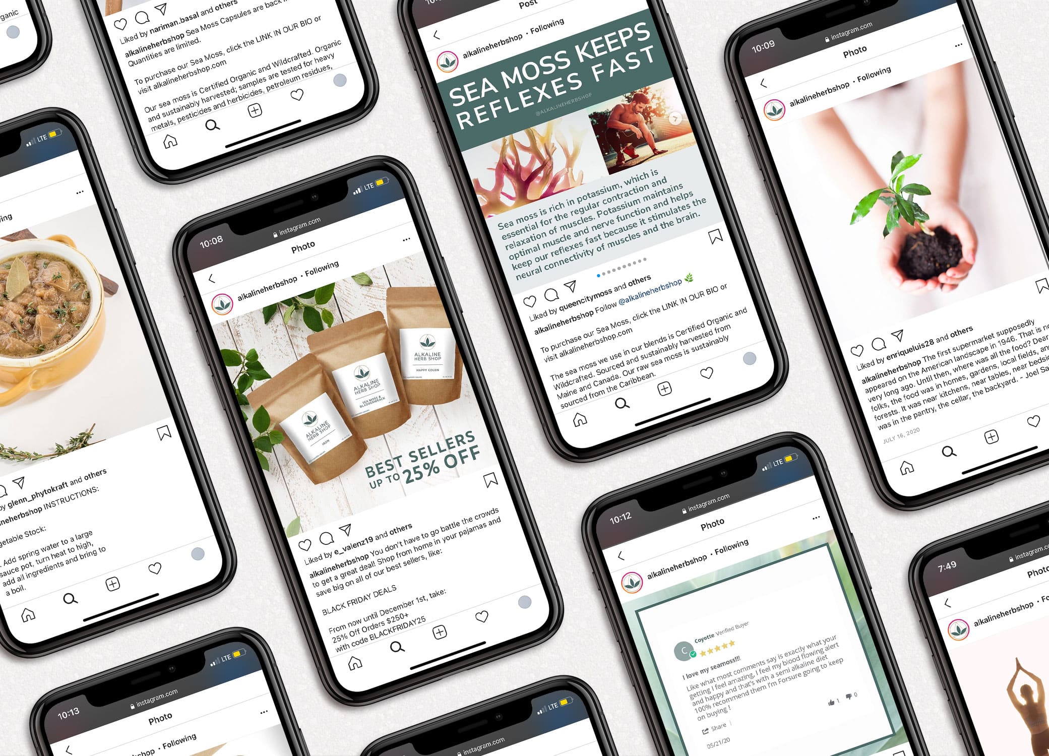Alkaline Herb Shop supplement branding for social media with images shown on iPhones.