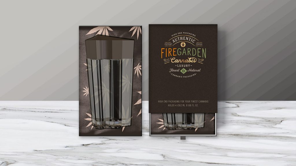 Fire Garden custom cannabis packaging design in gold, green, orange, and brown with front and inside view.