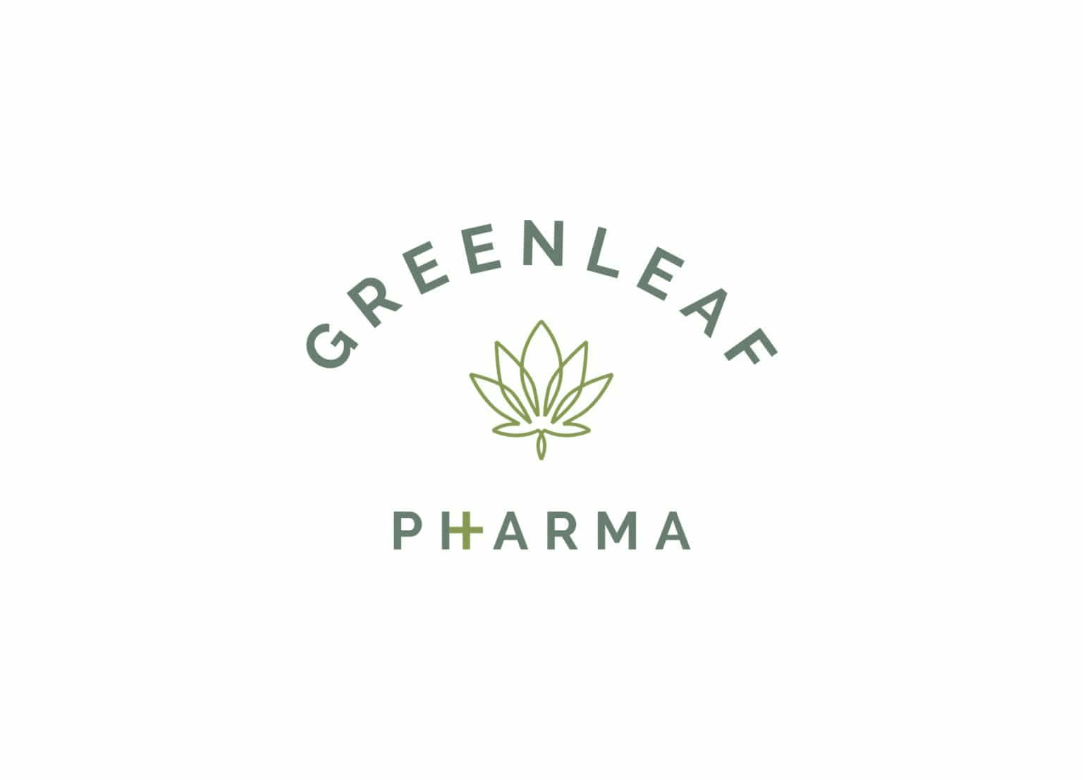 GreenLeaf Pharma medical cannabis branding retro apothecary logo design with marijuana leaf icon and sans serif font.