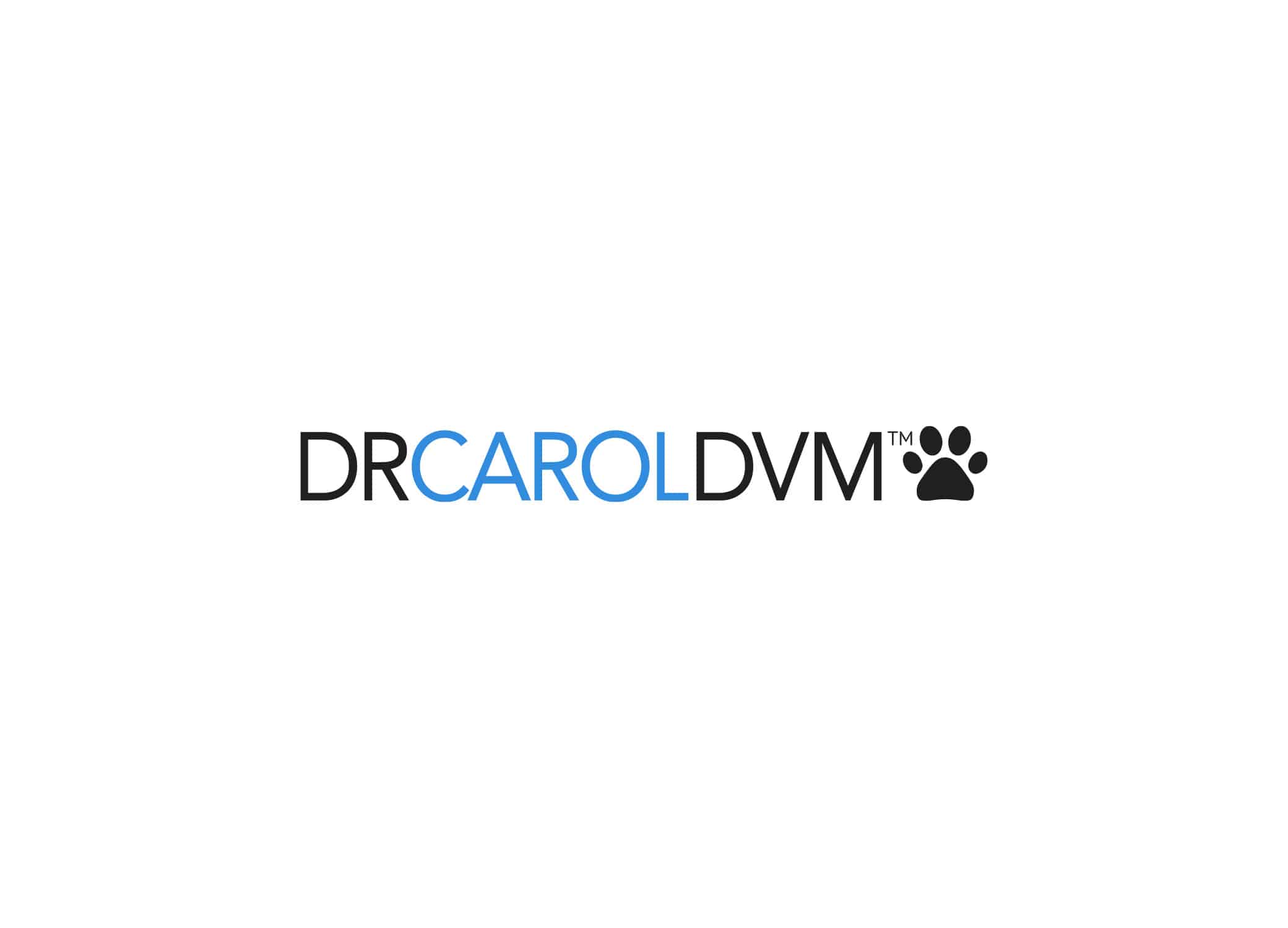 Dr. Carol DVM clinical but friendly primary brand logo design in black and blue with paw icon.