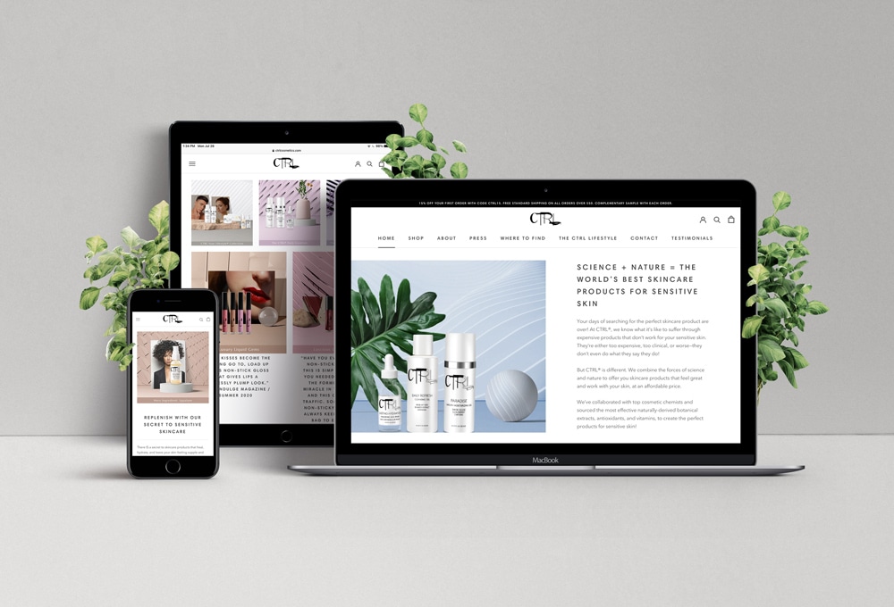 CTRL Cosmetics website mockup featuring different views of their site homepage on an iPad, iMac and iPhone.