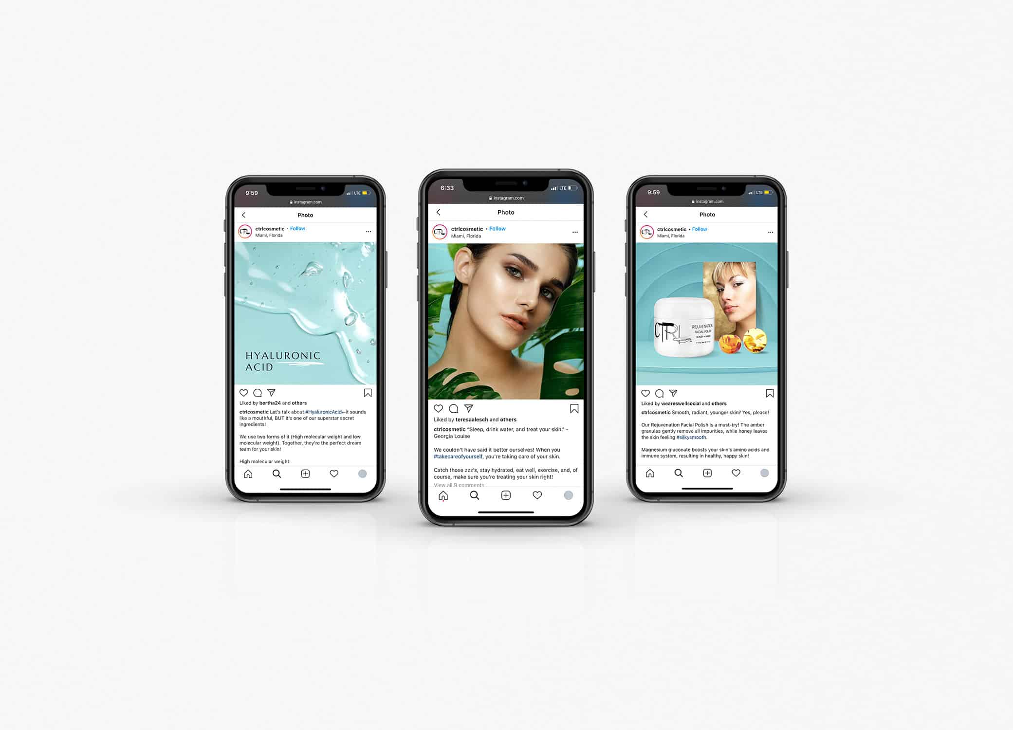 CTRL Cosmetics social media marketing brand images placed in iPhone mockup.