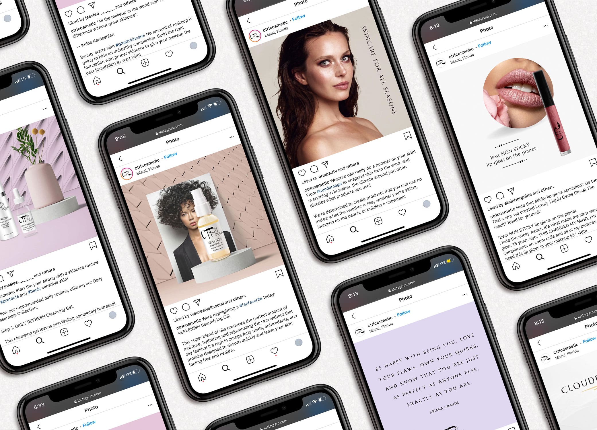 CTRL Cosmetics social media marketing brand images shown on iPhones displayed in slanted rows against grey backdrop.