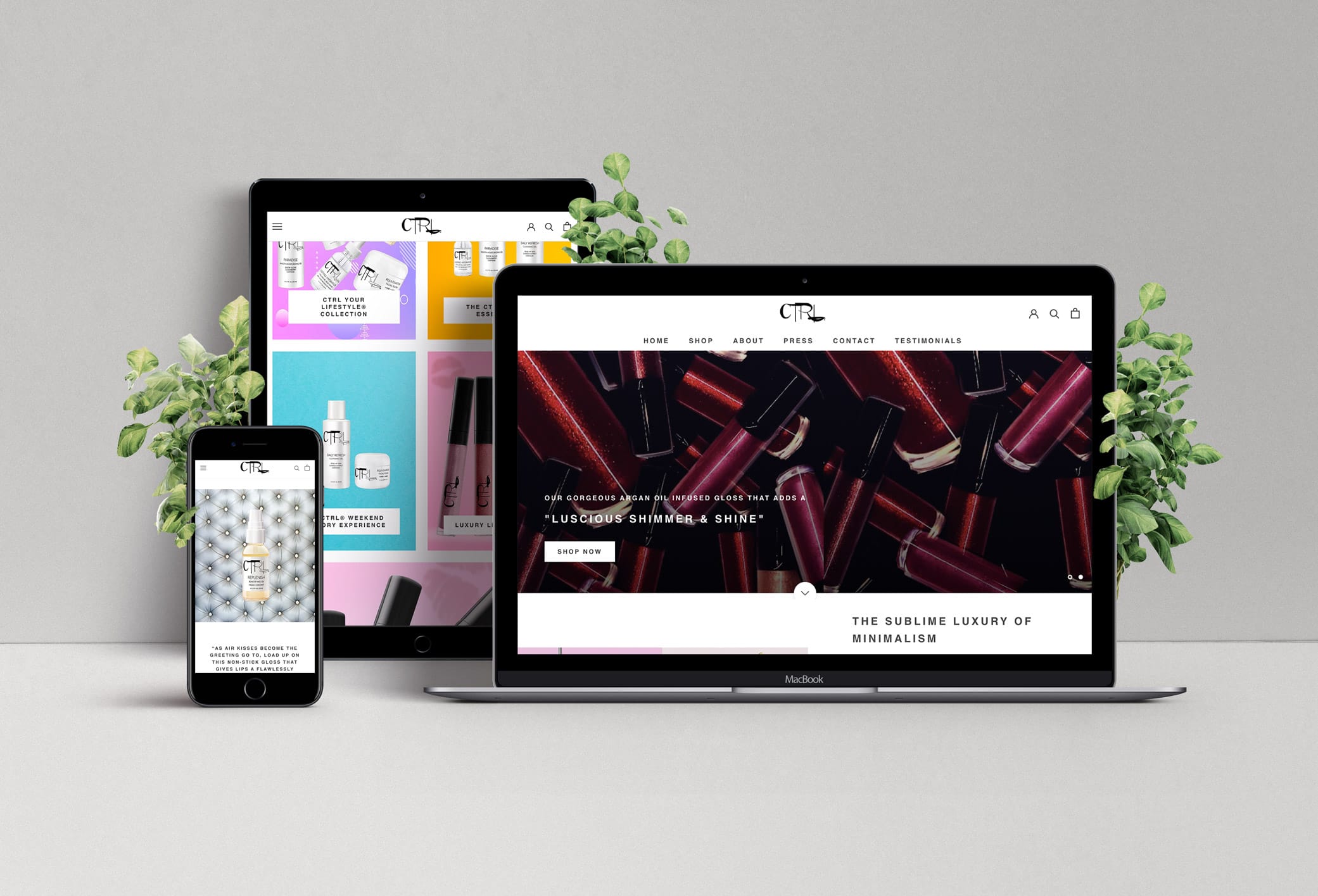 CTRL Cosmetics website before the redesign featuring different views of their site homepage on an iPad, iMac and iPhone.