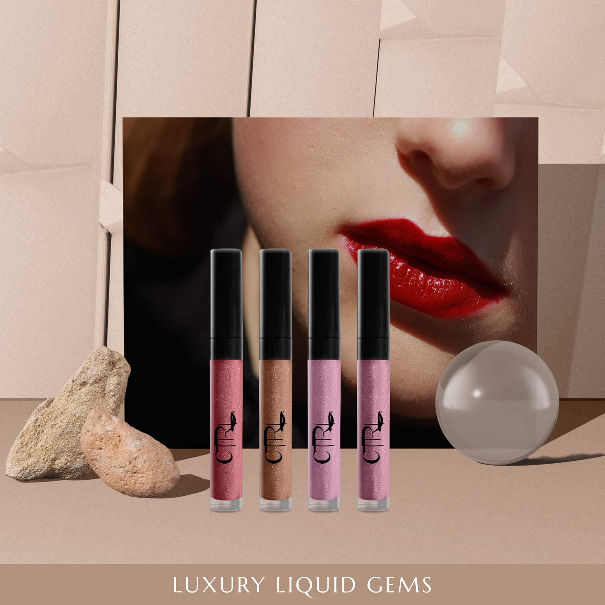 CTRL Cosmetics website design image showcasing luxury liquid gems products and elements for decoration.