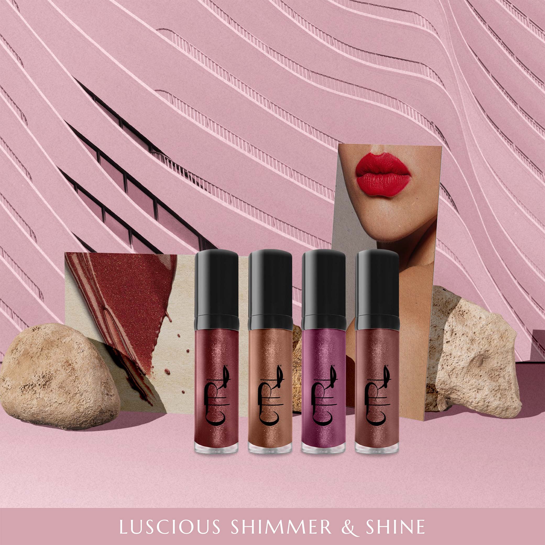 CTRL Cosmetics website design image showcasing luscious shimmer and shine products and elements for decoration.