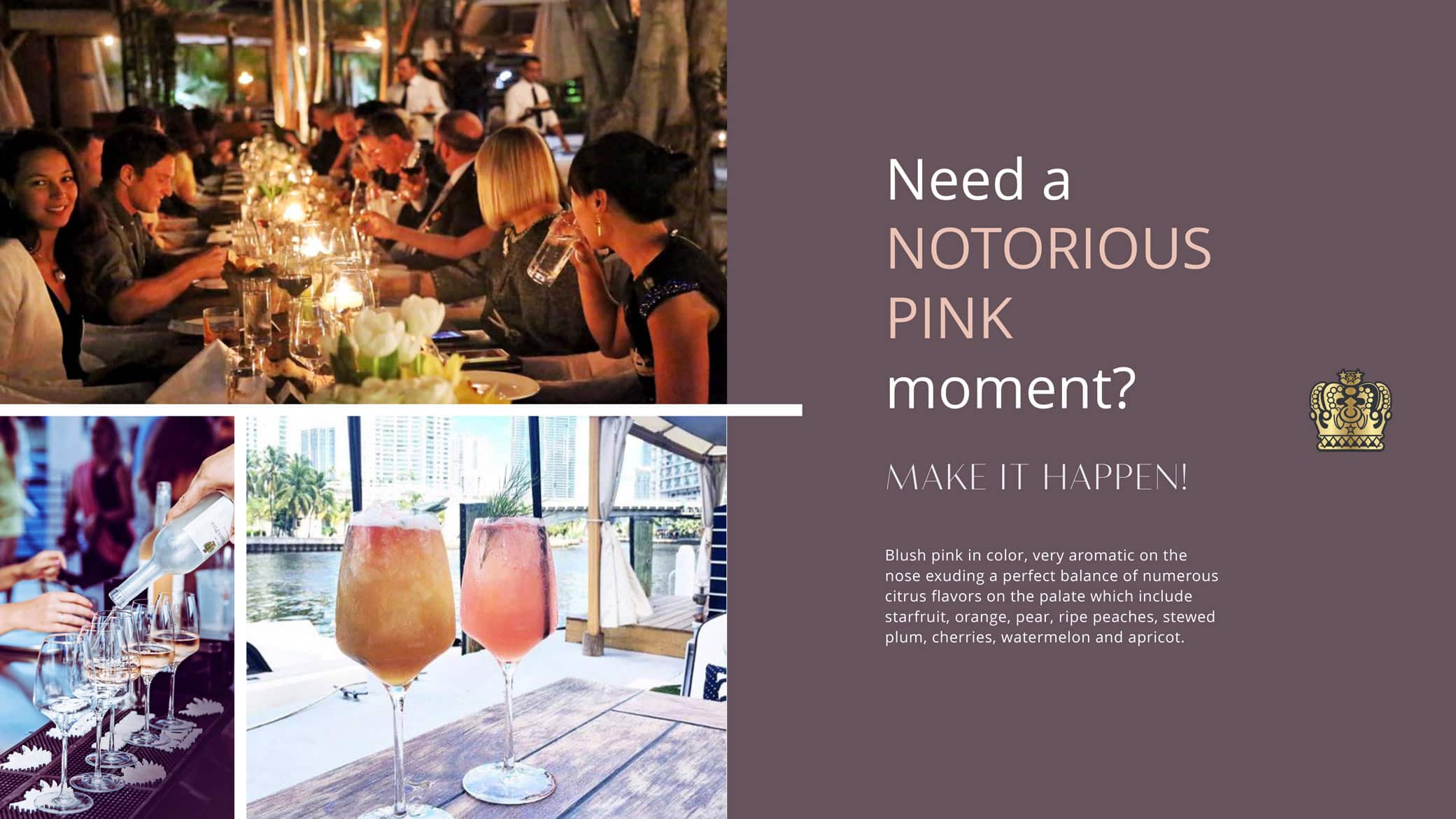 Notorious Pink 'Infinite Possibilities' campaign with images of a dinner party, cocktails, and an excerpt about the event.