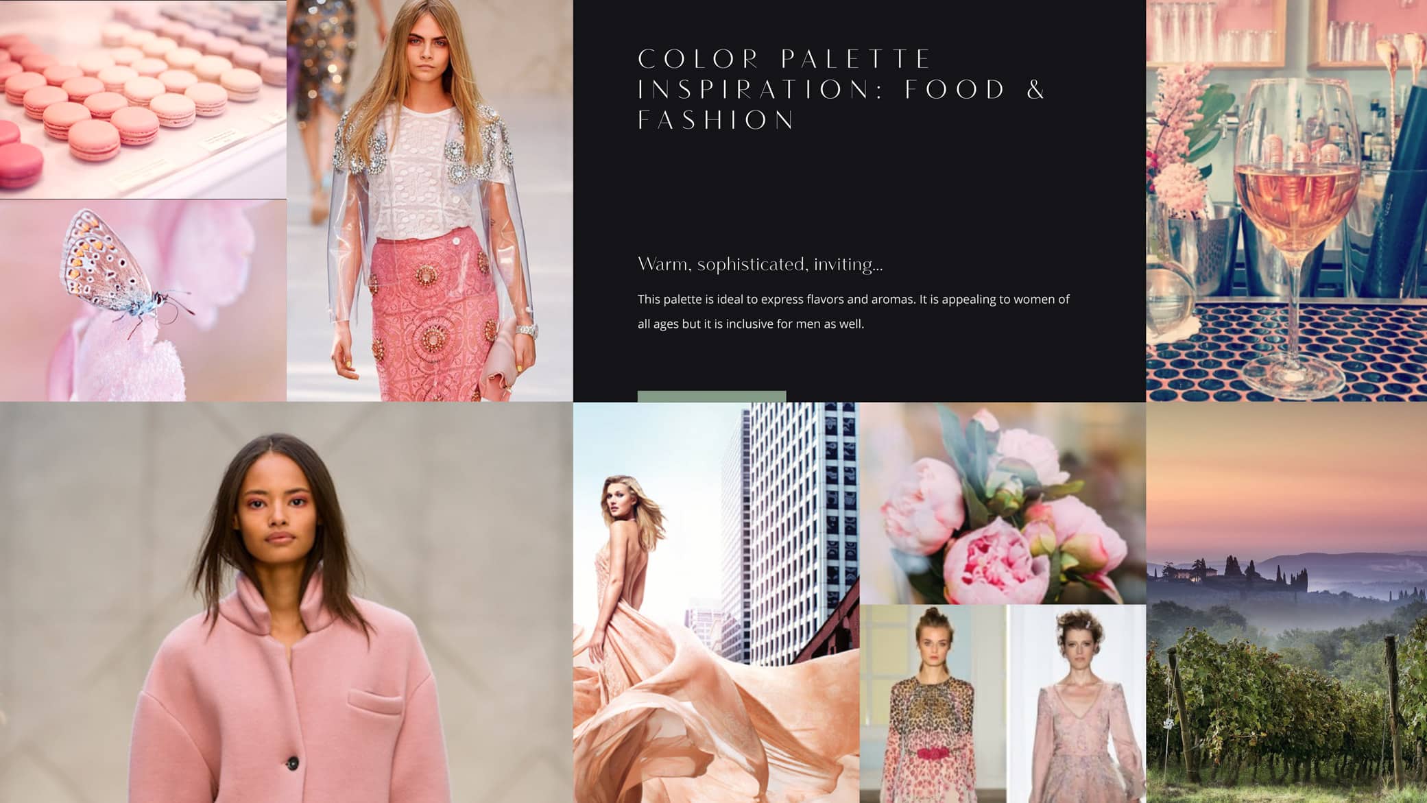 Notorious Pink storyboard with pink macarons, high-end designer gowns of pale pink, and shades of flowers and sunsets.