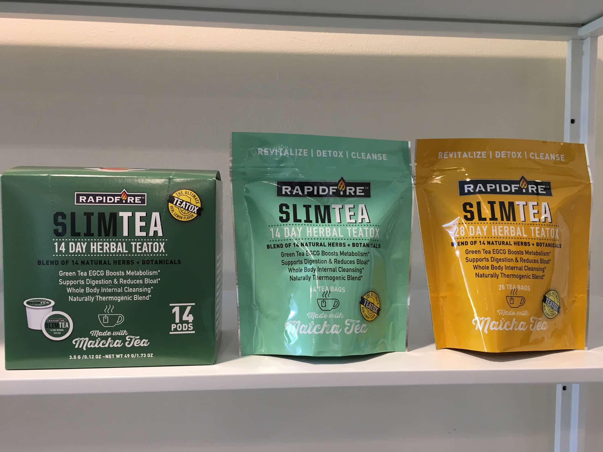 Rapid Fire packaging for the redesign placed in a refrigerator of three different slim teas.