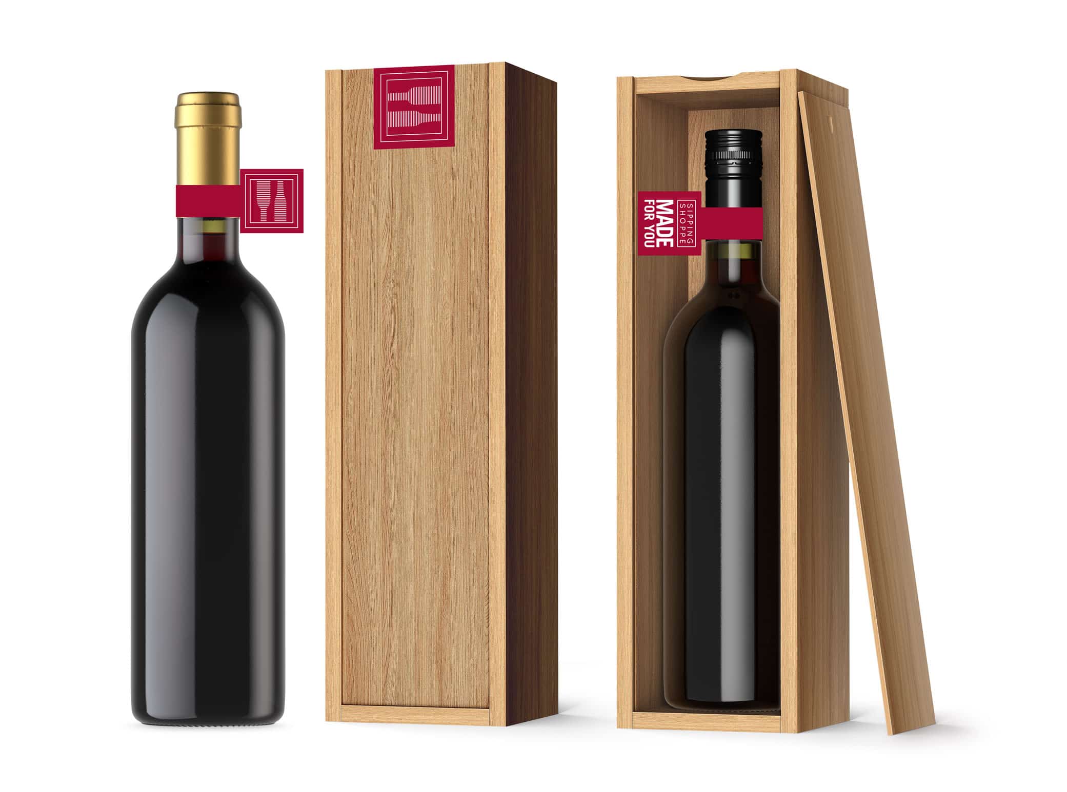 Sipping Shoppe package design showing customizable wooden box with burgundy hangtags and the tagline: Made For You.