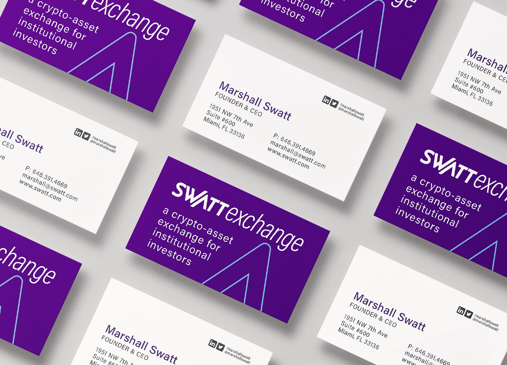 Graphic design for Miami company, Swatt Exchange, showcasing purple and white business cards arranged in diagonal rows to show front and back.