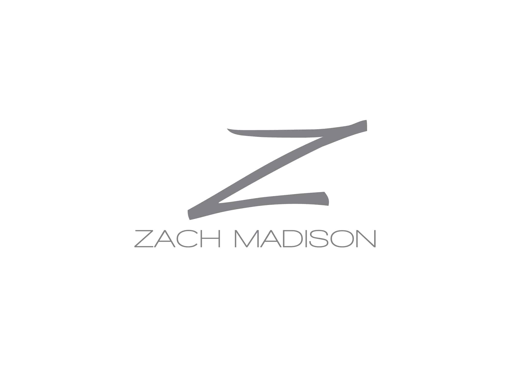 Zach Madison modern black and white logo design with large Z rendered in swift brush strokes over brand name.