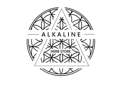 Alkaline Herb Shop logo before the redesign in all black with “flower of life” symbol.