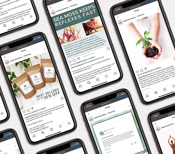 Alkaline Herb Shop social media images shown on iPhones featuring the brand's dietary supplement packaging design.