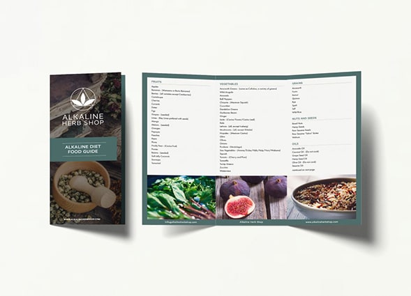 Alkaline Herb Shop inside and cover of trifold brochure listing ingredients of alkaline diet food guide.