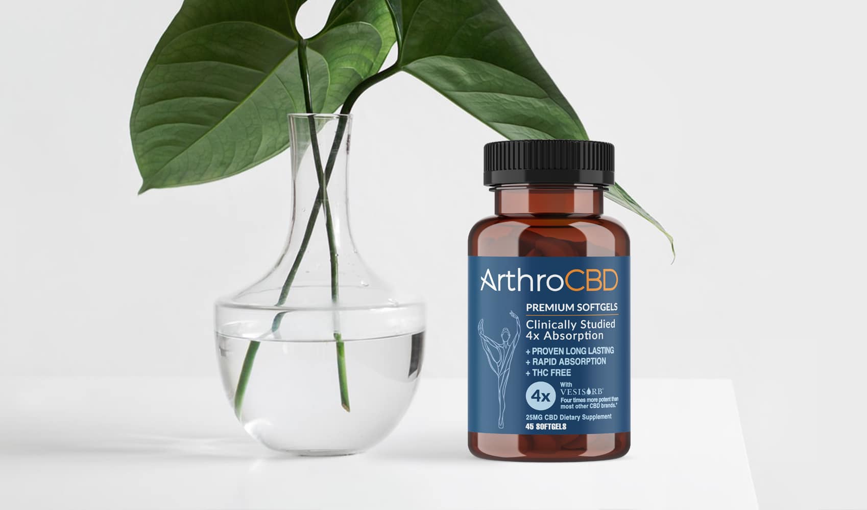 ArthroCBD labels and packaging design with logo, images and phrases “backed by science,” and “clinically studied 4x absorption.”